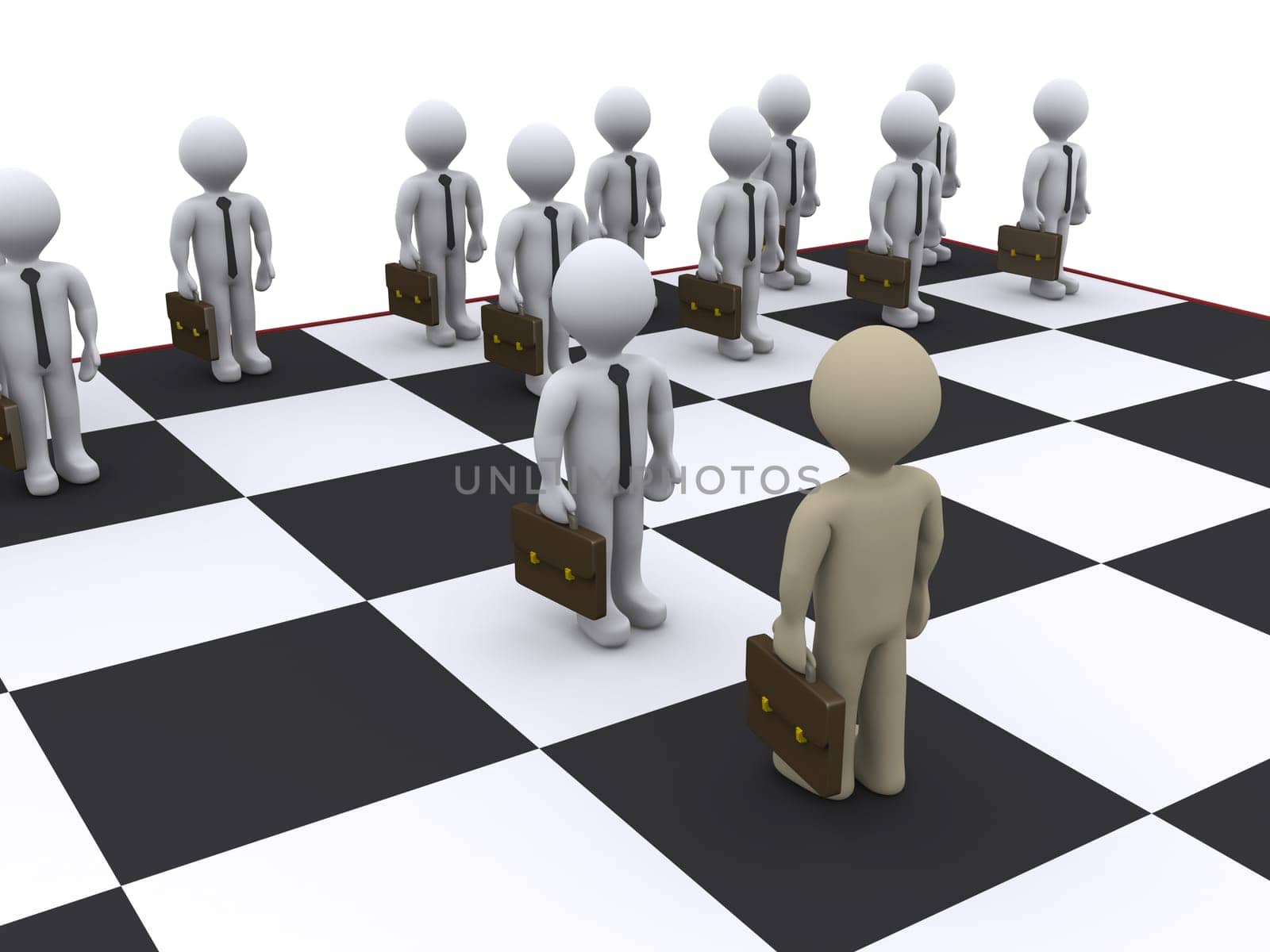 3d businessmen as pawns on chessboard