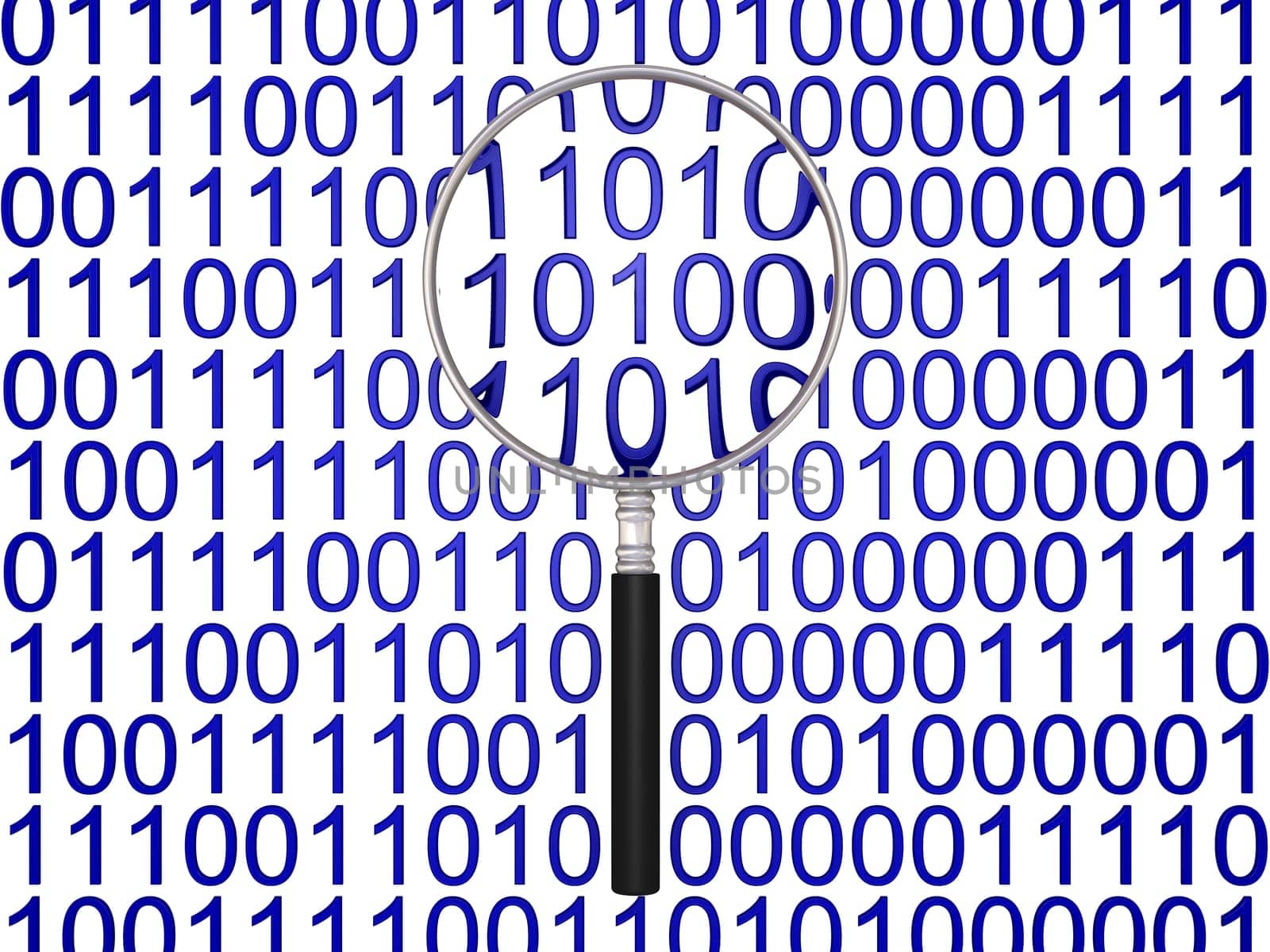 3d magnifying glass in front of ones and zeros