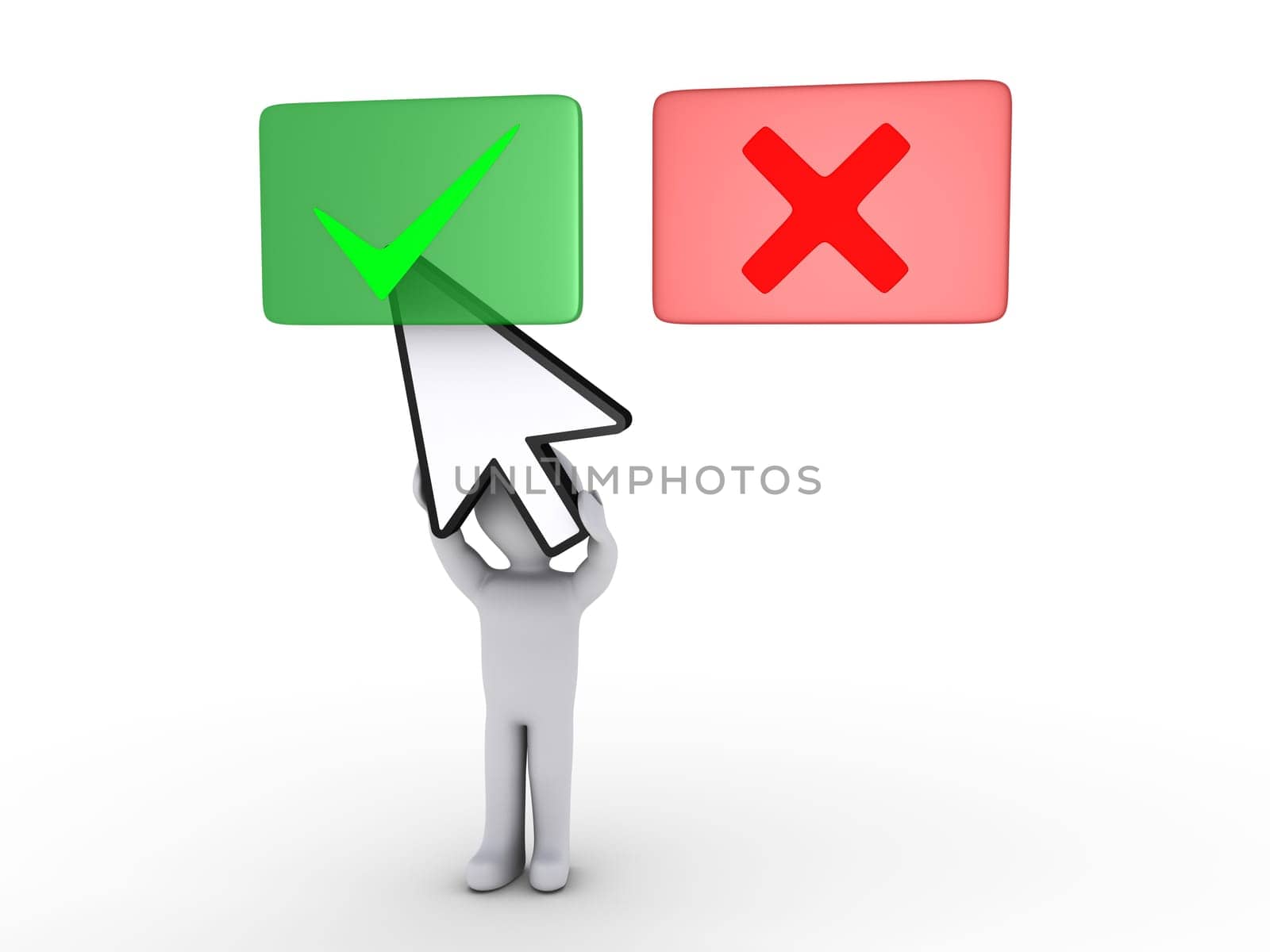 3d person holding a cursor is selecting the green panel than the red