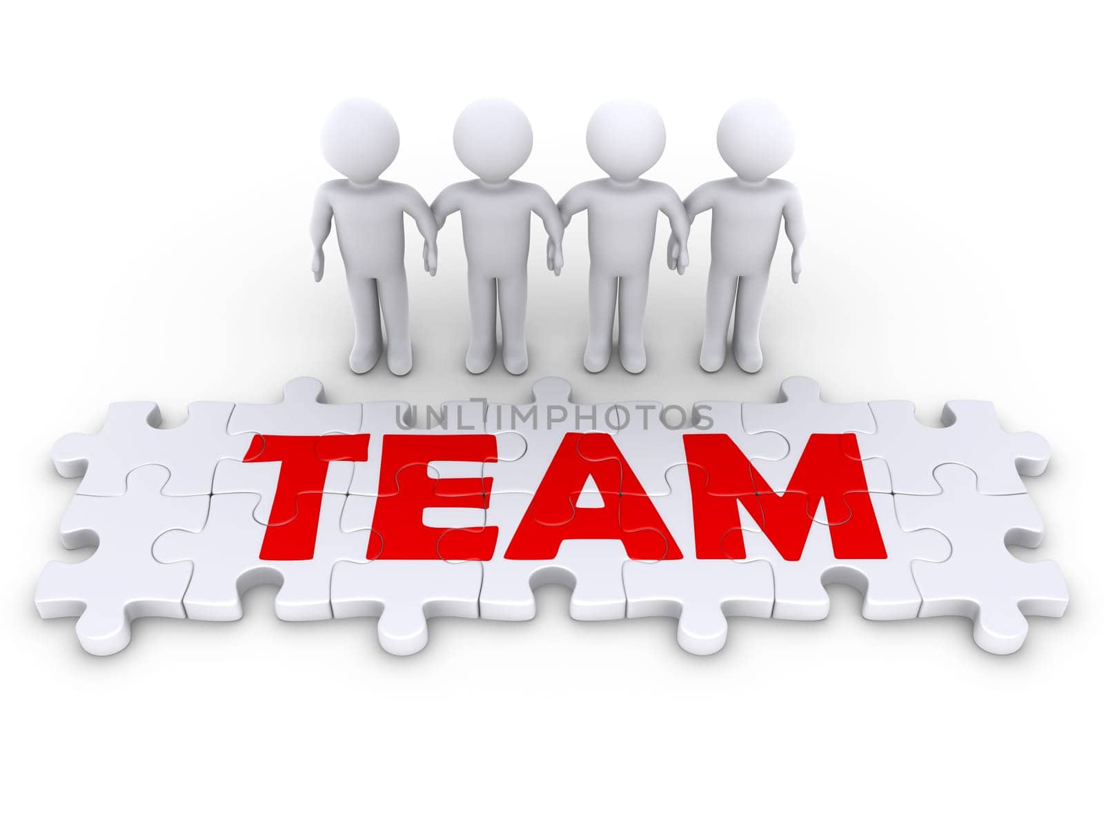 Four 3d people holding hands and puzzle pieces spelling the word team