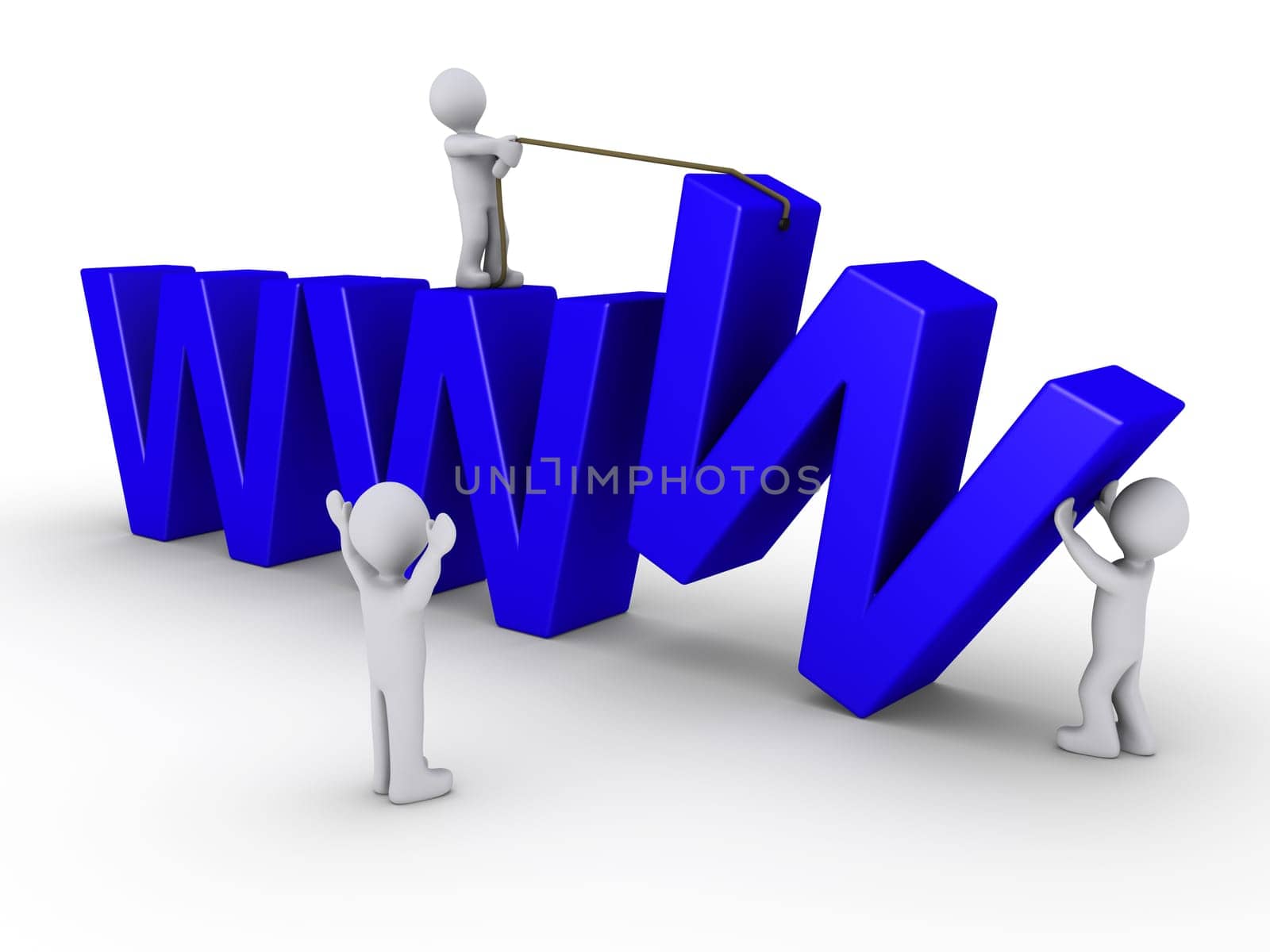 Three 3d people work in order to set up a website symbolized by three blue W