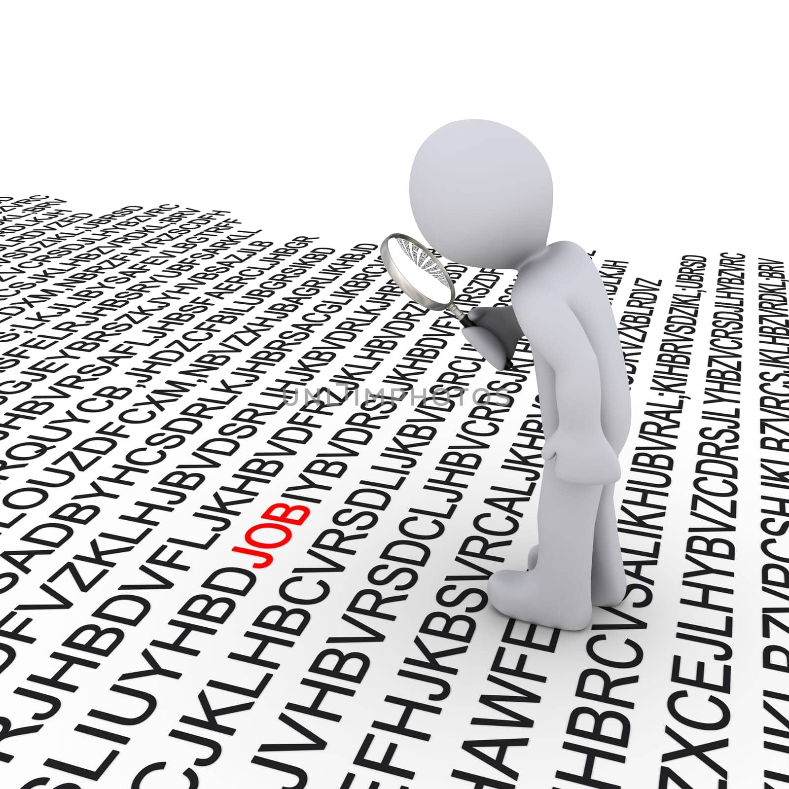 3d person with magnifier looking for job among letters