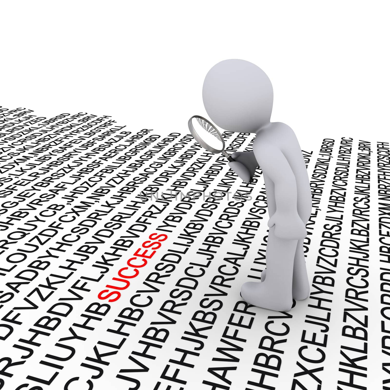 3d person with magnifier looking for success among letters