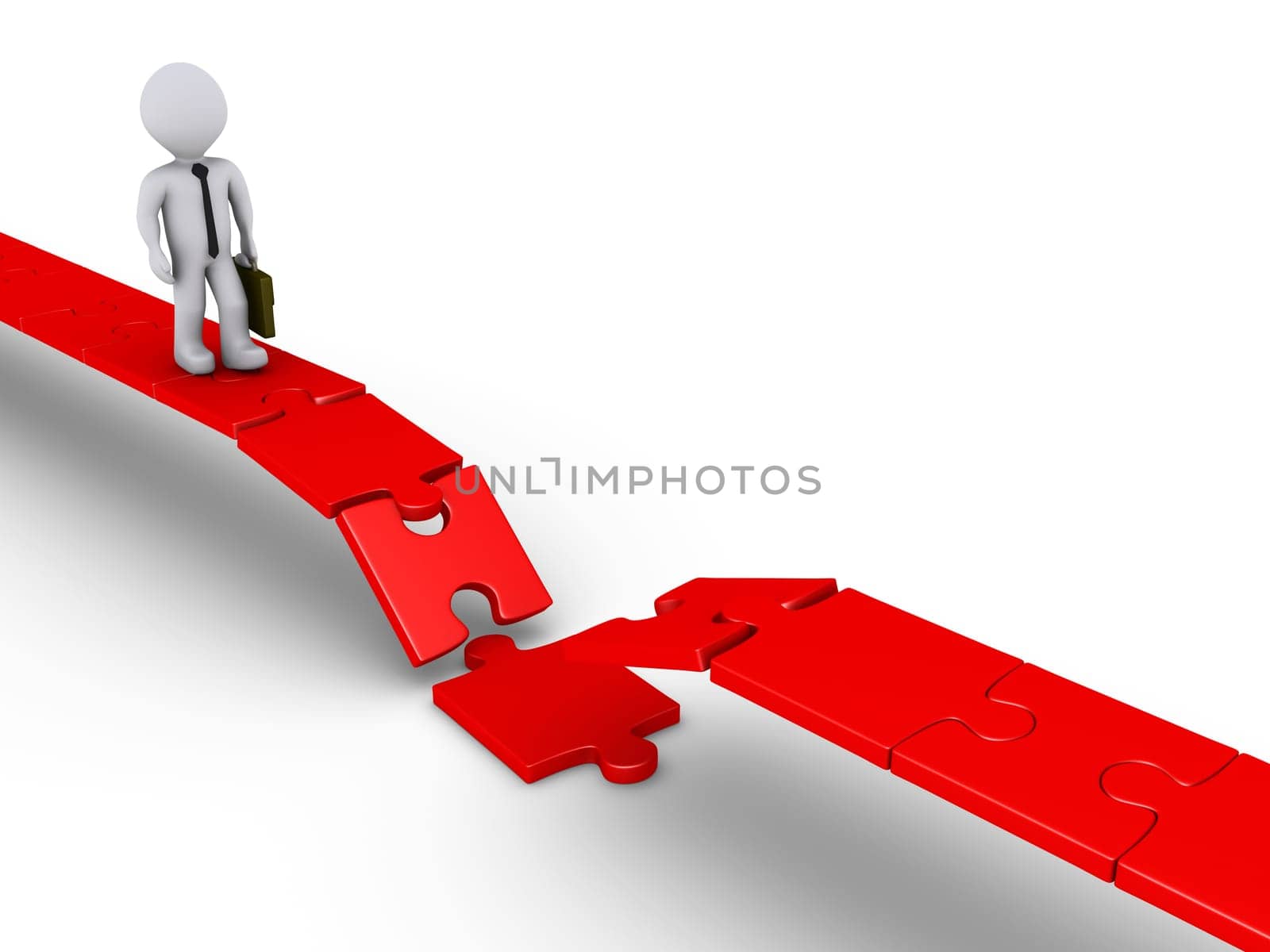 3d businessman walking on red damaged puzzle road