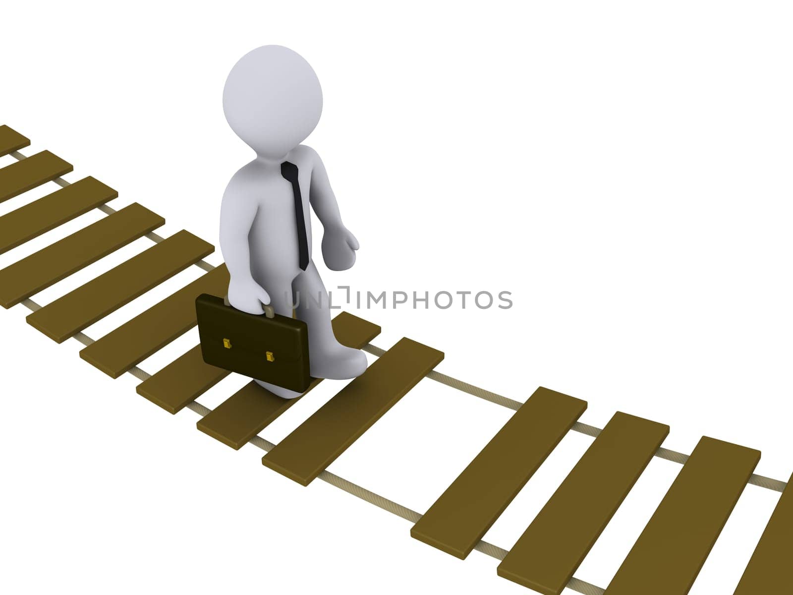 3d businessman walking on a damaged suspension bridge