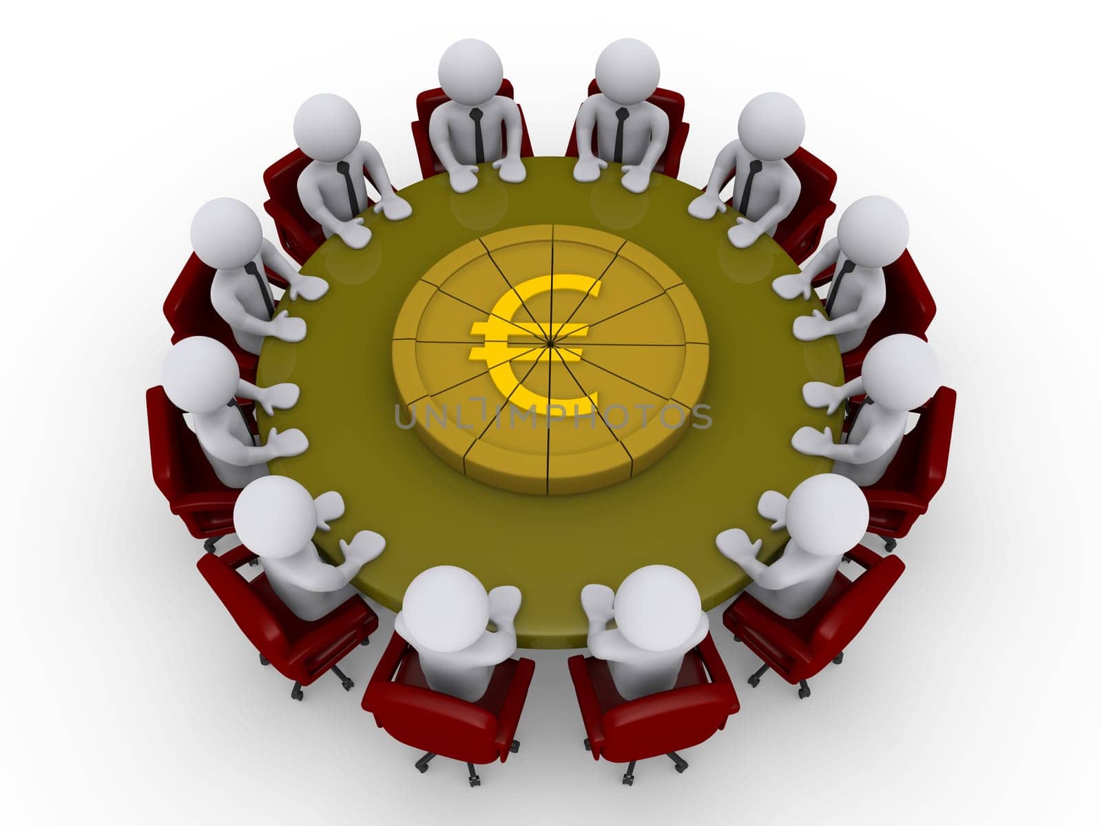 3d businessmen sitting around a table that has a euro pie on it