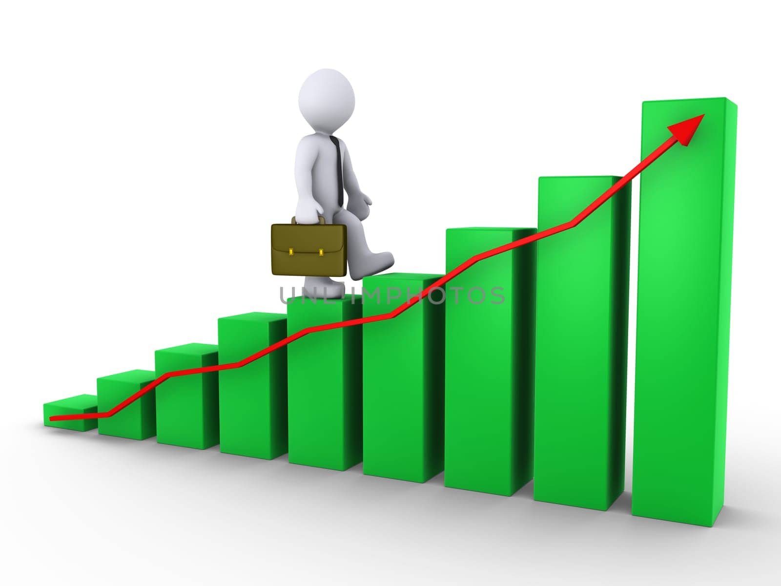 3d businessman is walking on green chart with red arrow