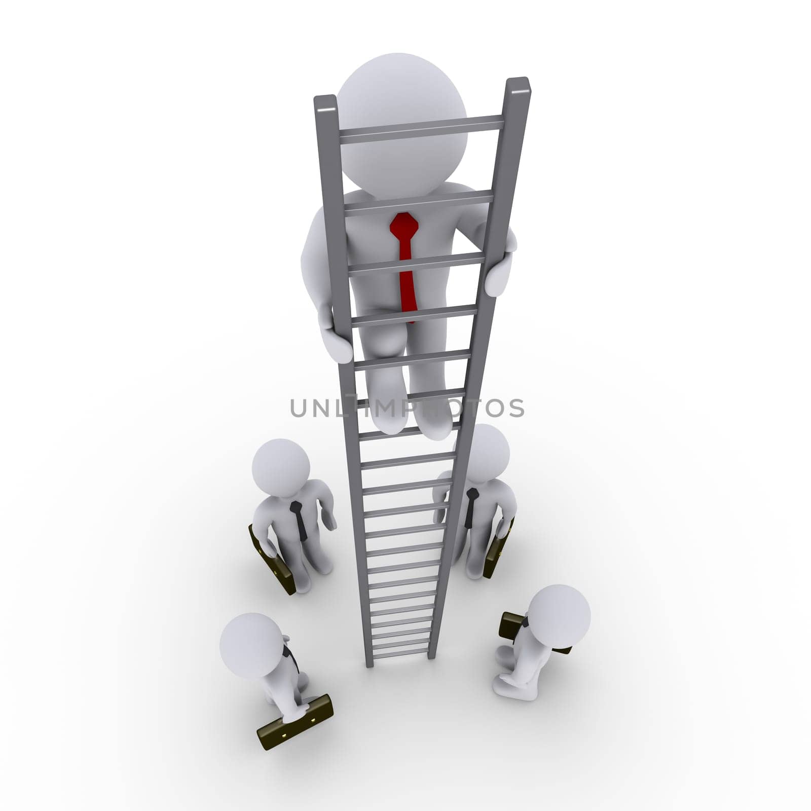 3d businessman is high on ladder and others looking up at him