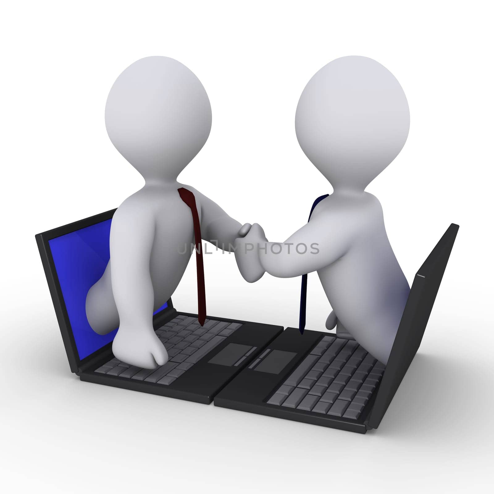 Two businessmen shake hands through screens of laptops