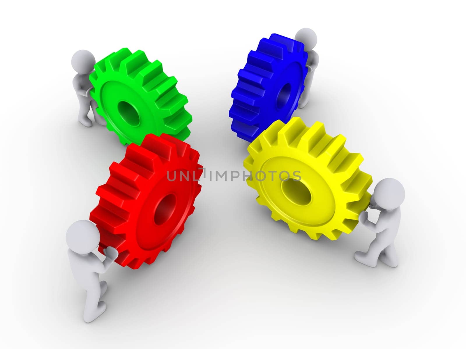 Four 3d people pushing different colored cogwheels