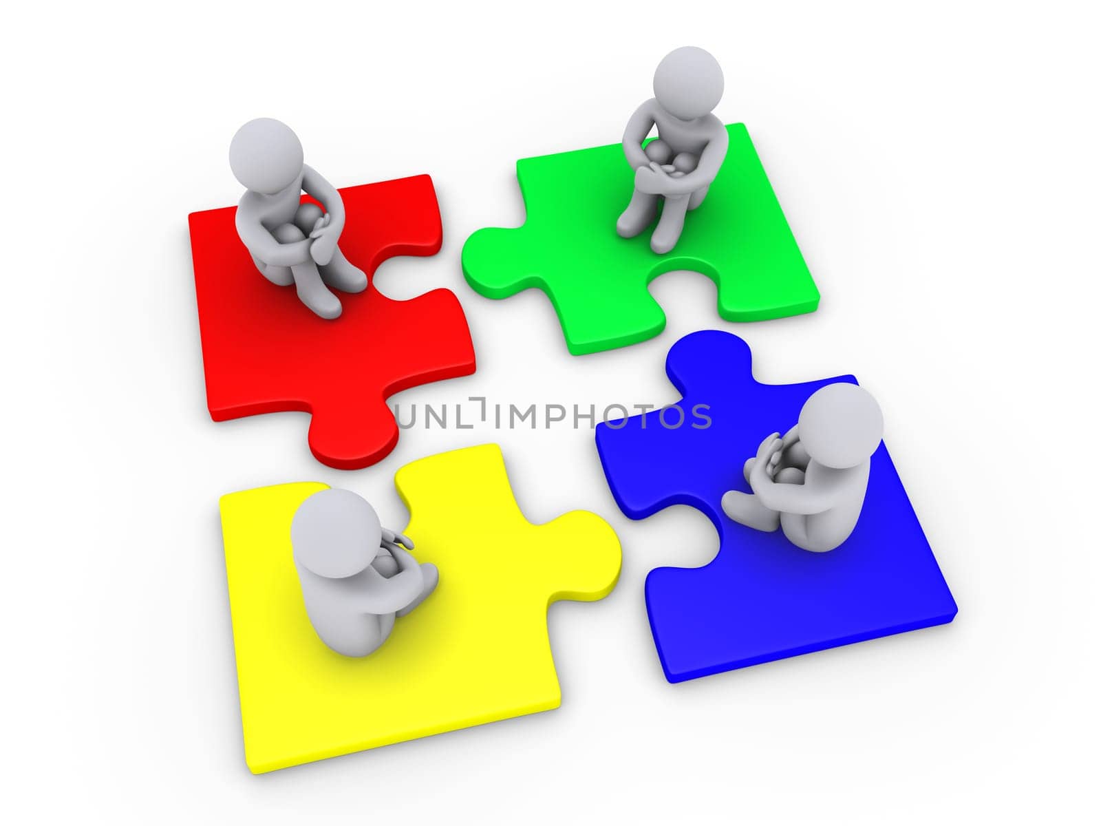 Four 3d people sitting on different puzzle pieces