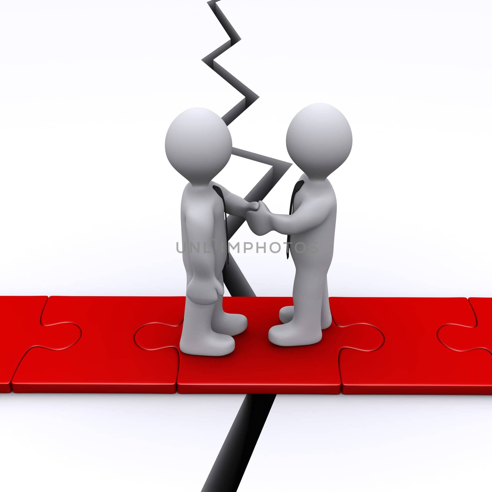 Two 3d businessmen shake hands on puzzle bridge over crack