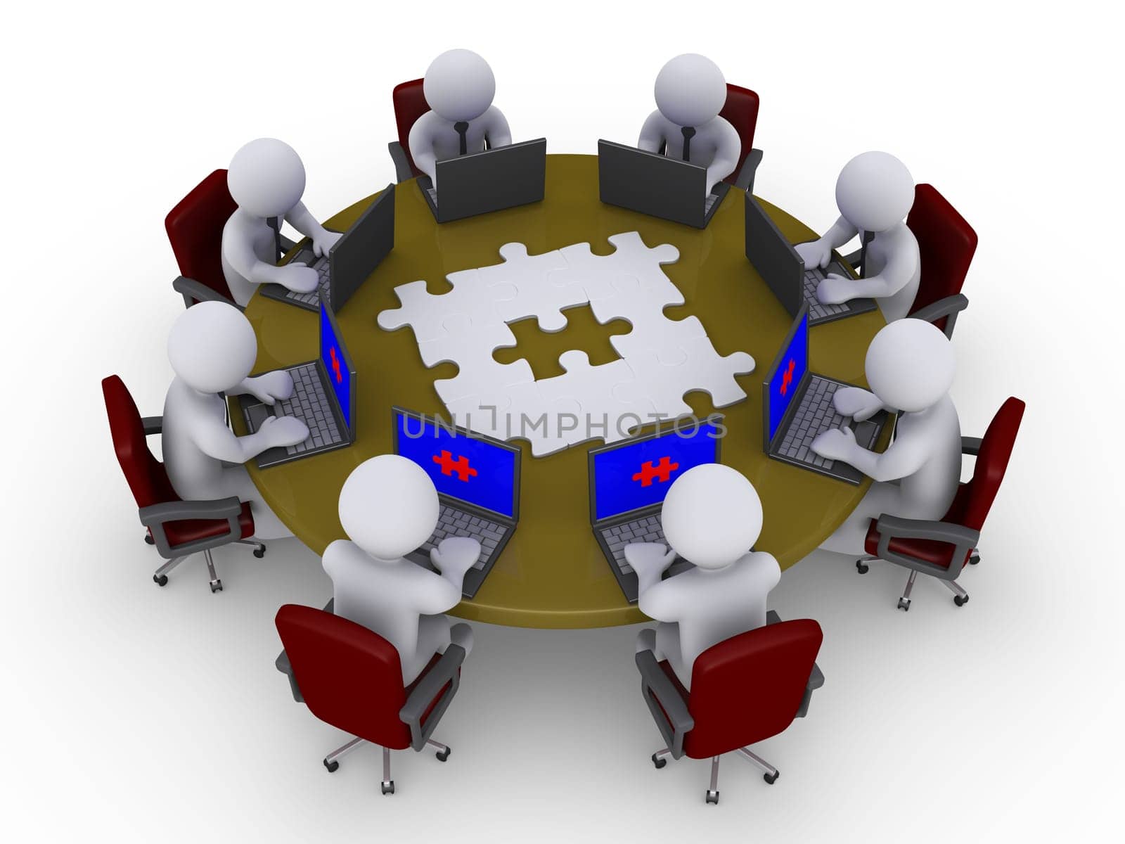 3d businessmen around a table with puzzle are looking at their laptops