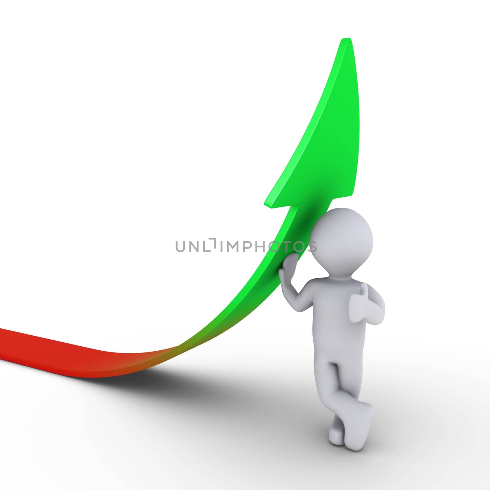 3d person leaning on a rising graph arrow