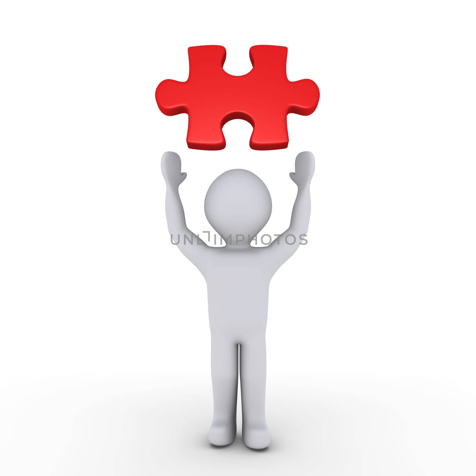 3d person showing a red puzzle piece above him