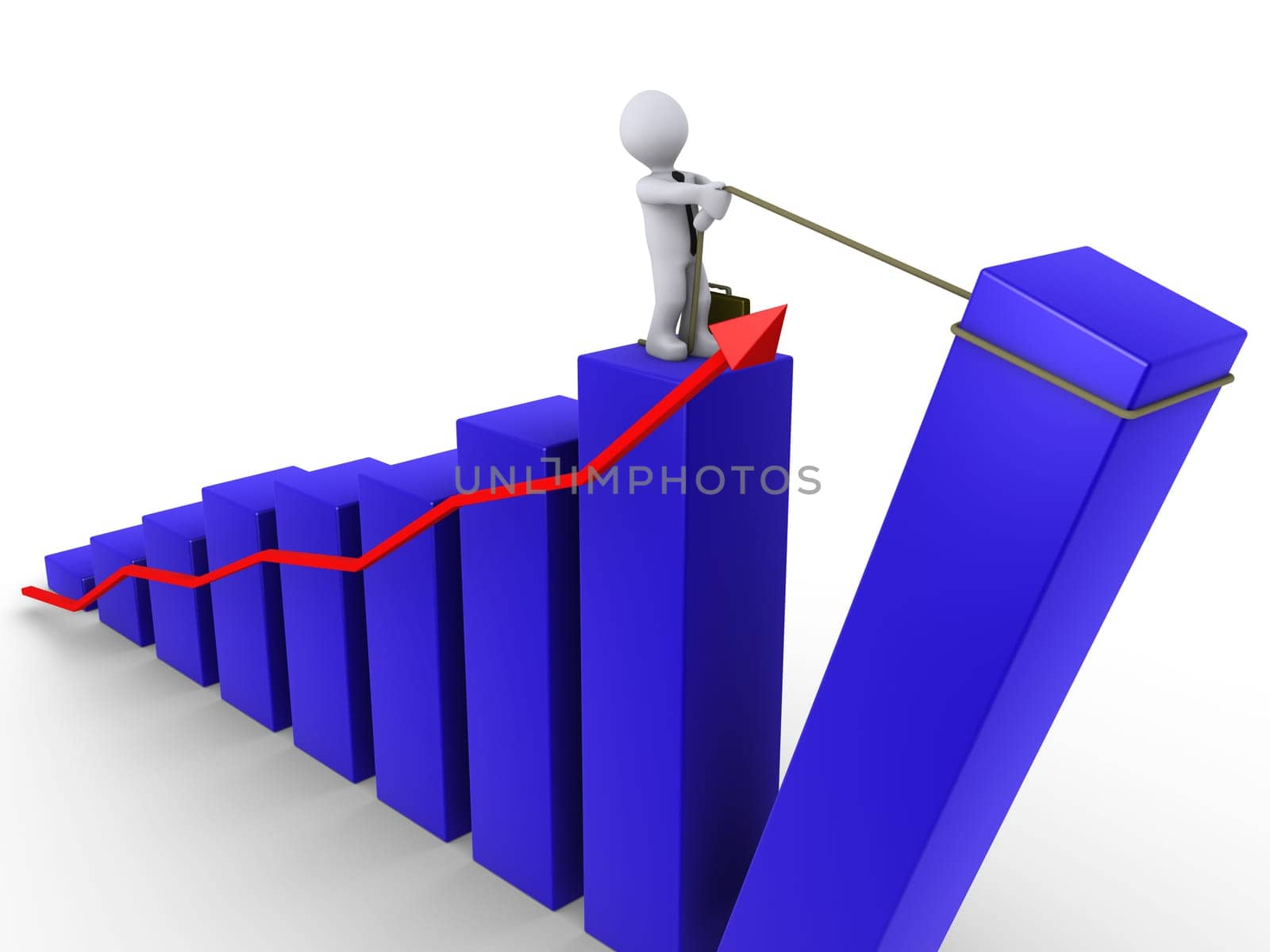3d businessman pulling up the last bar of blue chart with red arrow