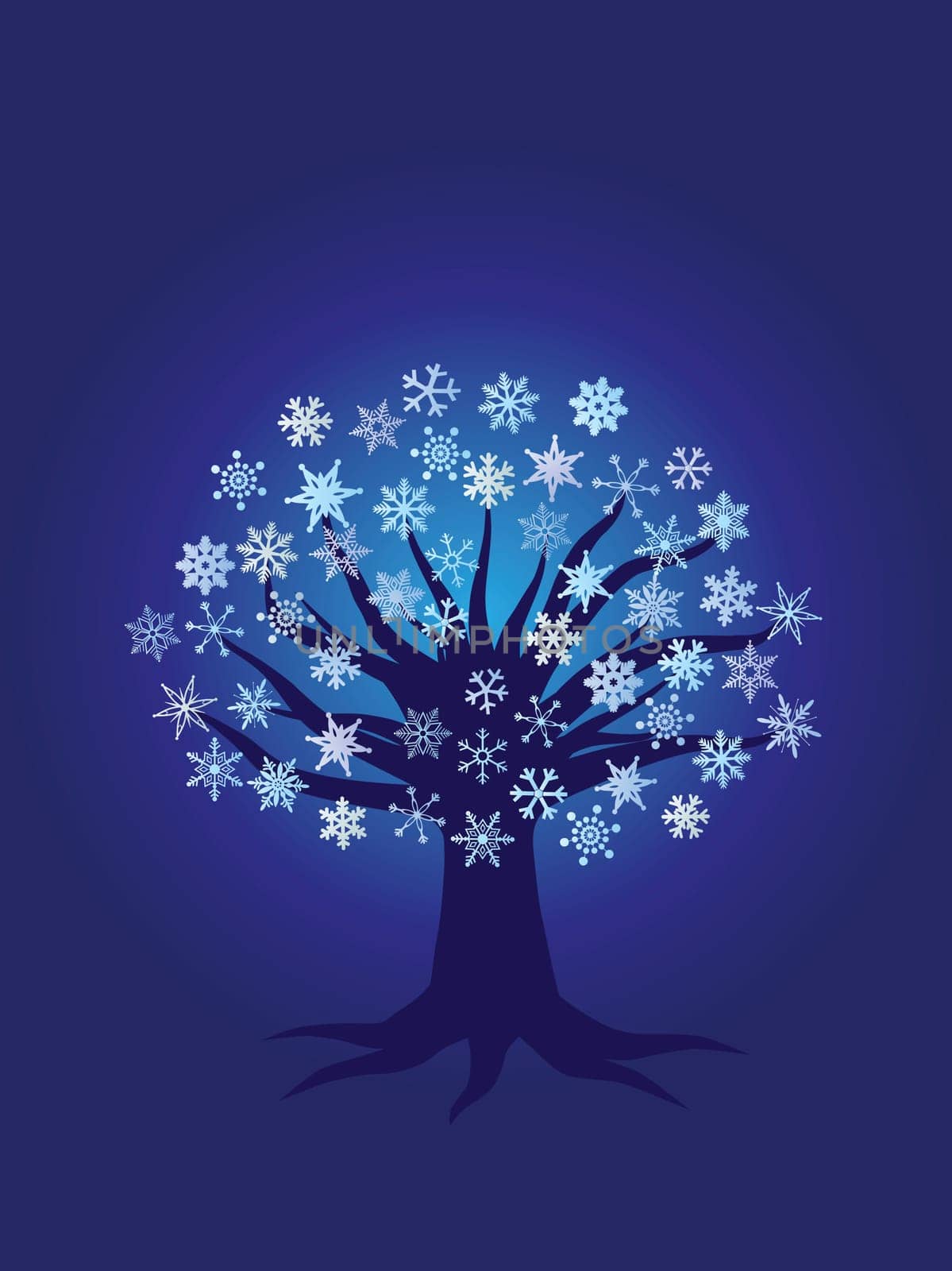 Christmas Winter Tree with Snowflakes Night Scene Illustration on Blue Background
