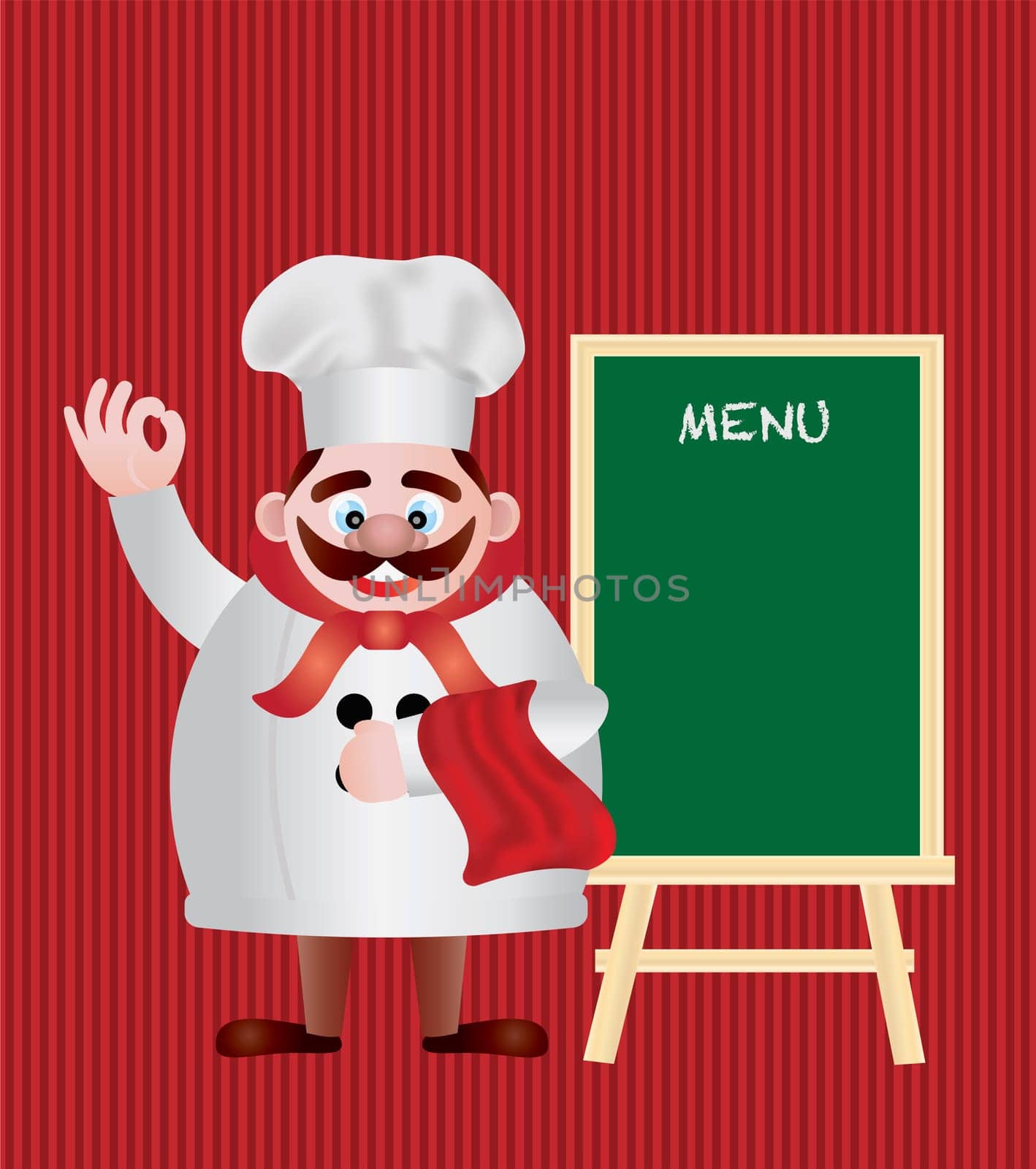 Chef with Menu Sign Chalkboard on Red Stripes Background Illustration
