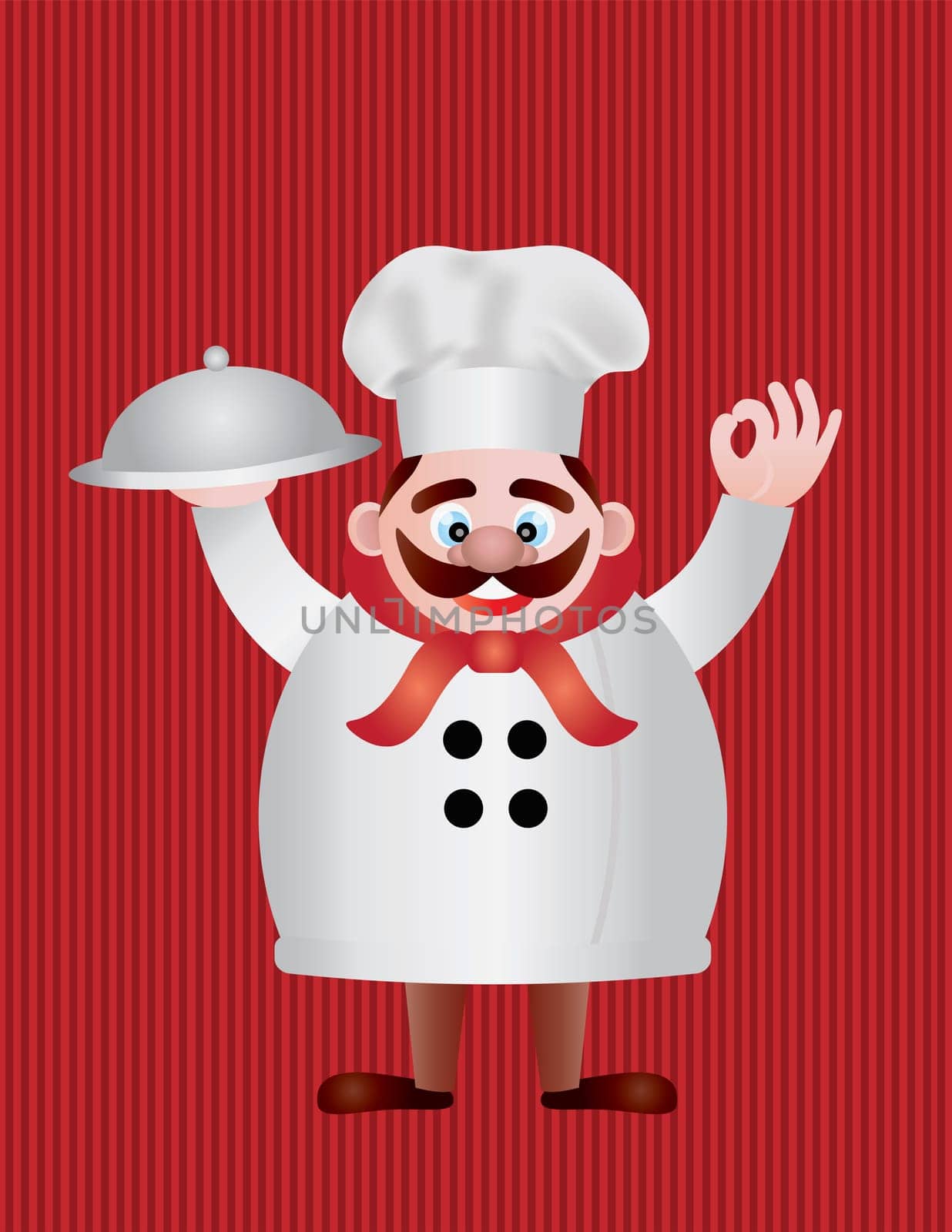 Chef with Tray on Red Stripes Background Illustration