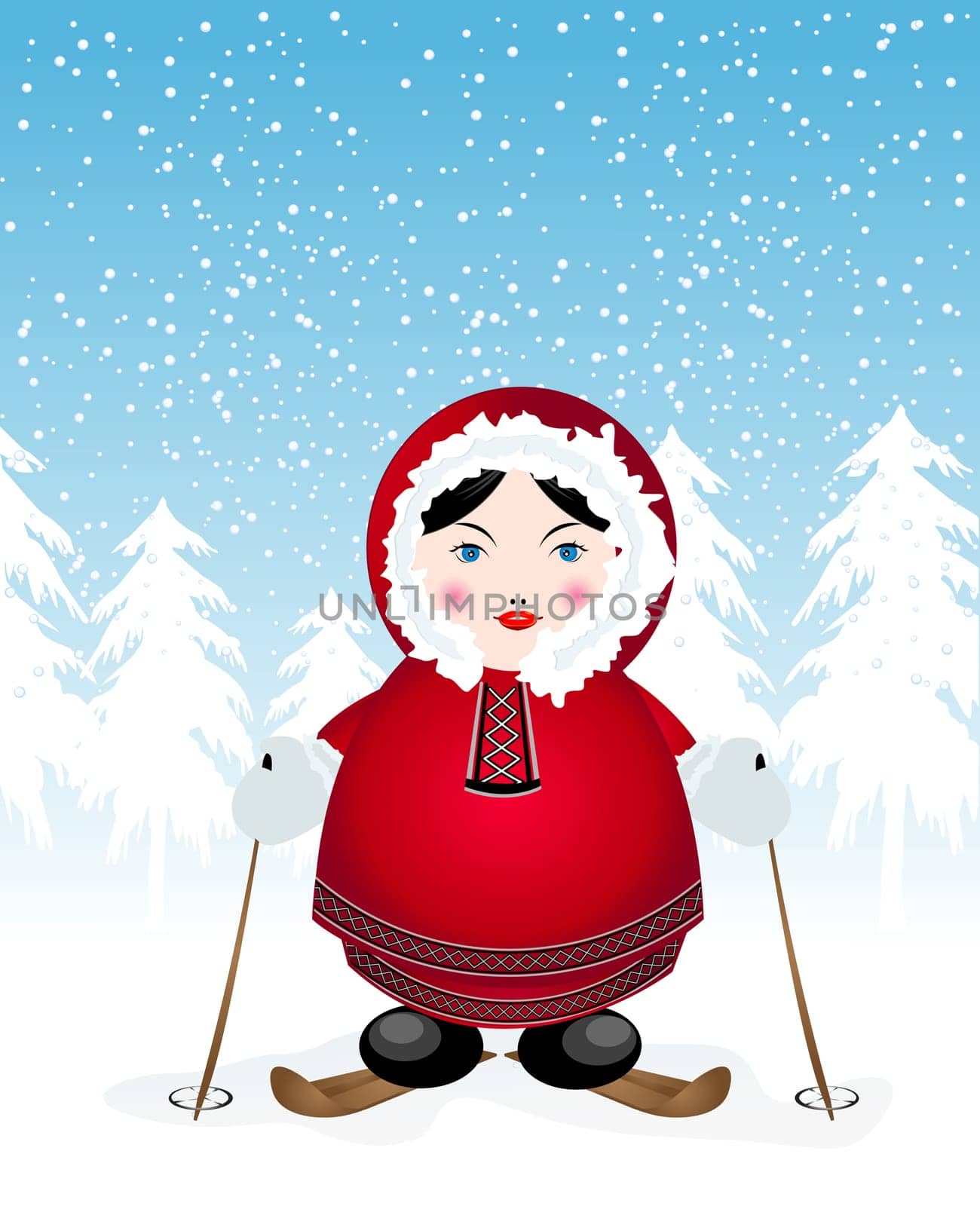 Smiling eskimo on skis over a winter background
