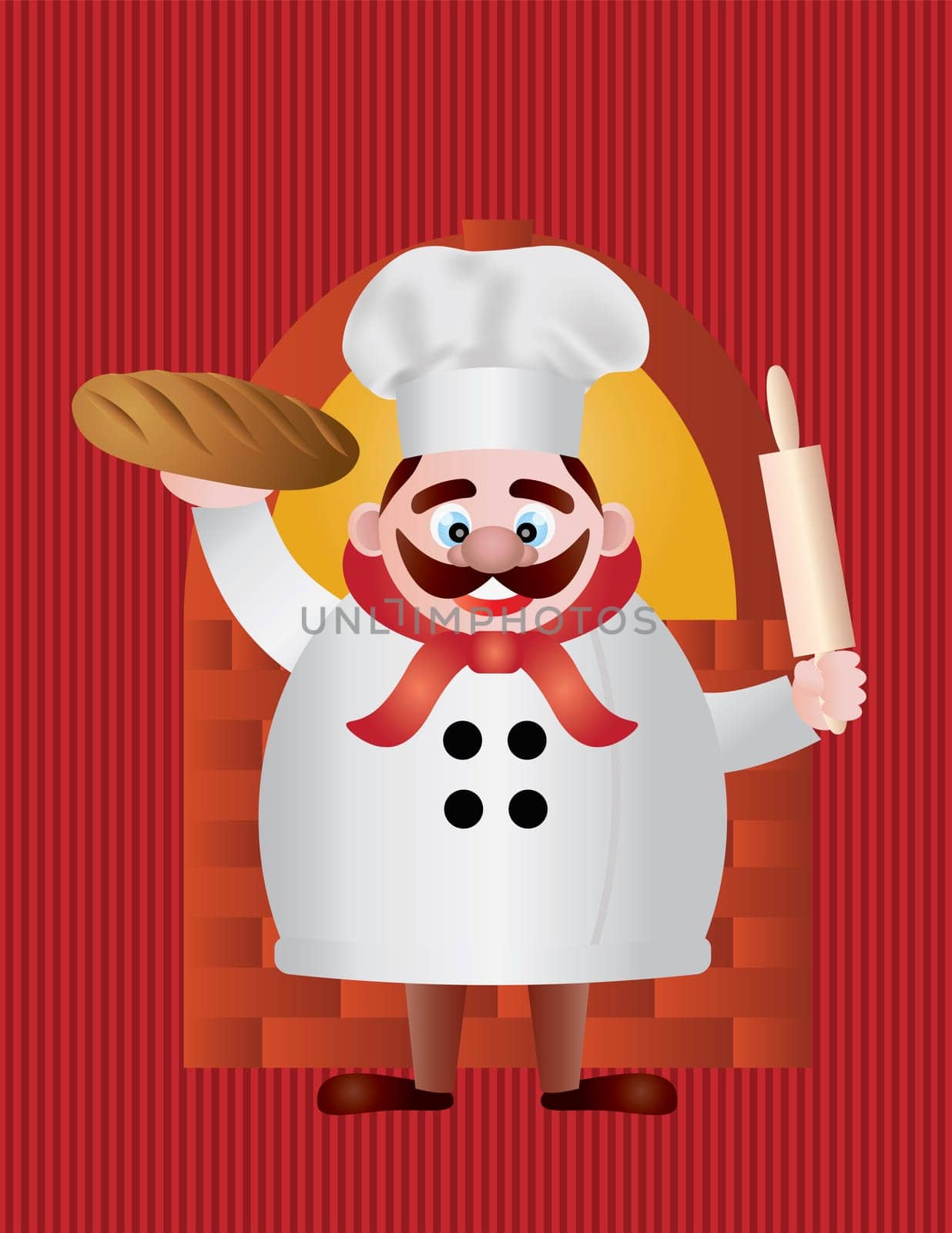 Baker Chef with Bread and Rolling Pin by Brick Oven on Red Stripes Background Illustration