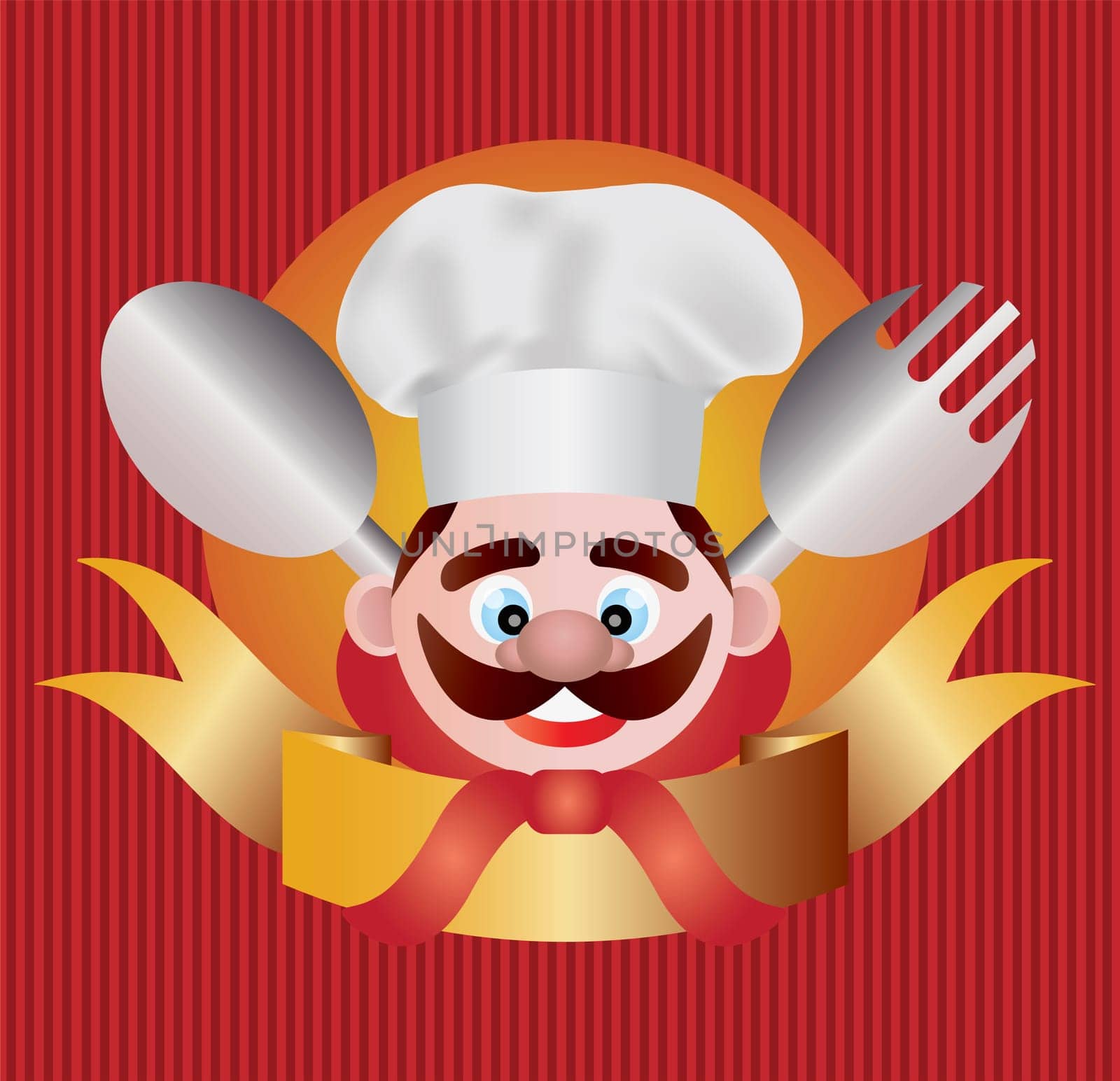 Chef with Banner Fork Spoon on Red Stripes Background Illustration
