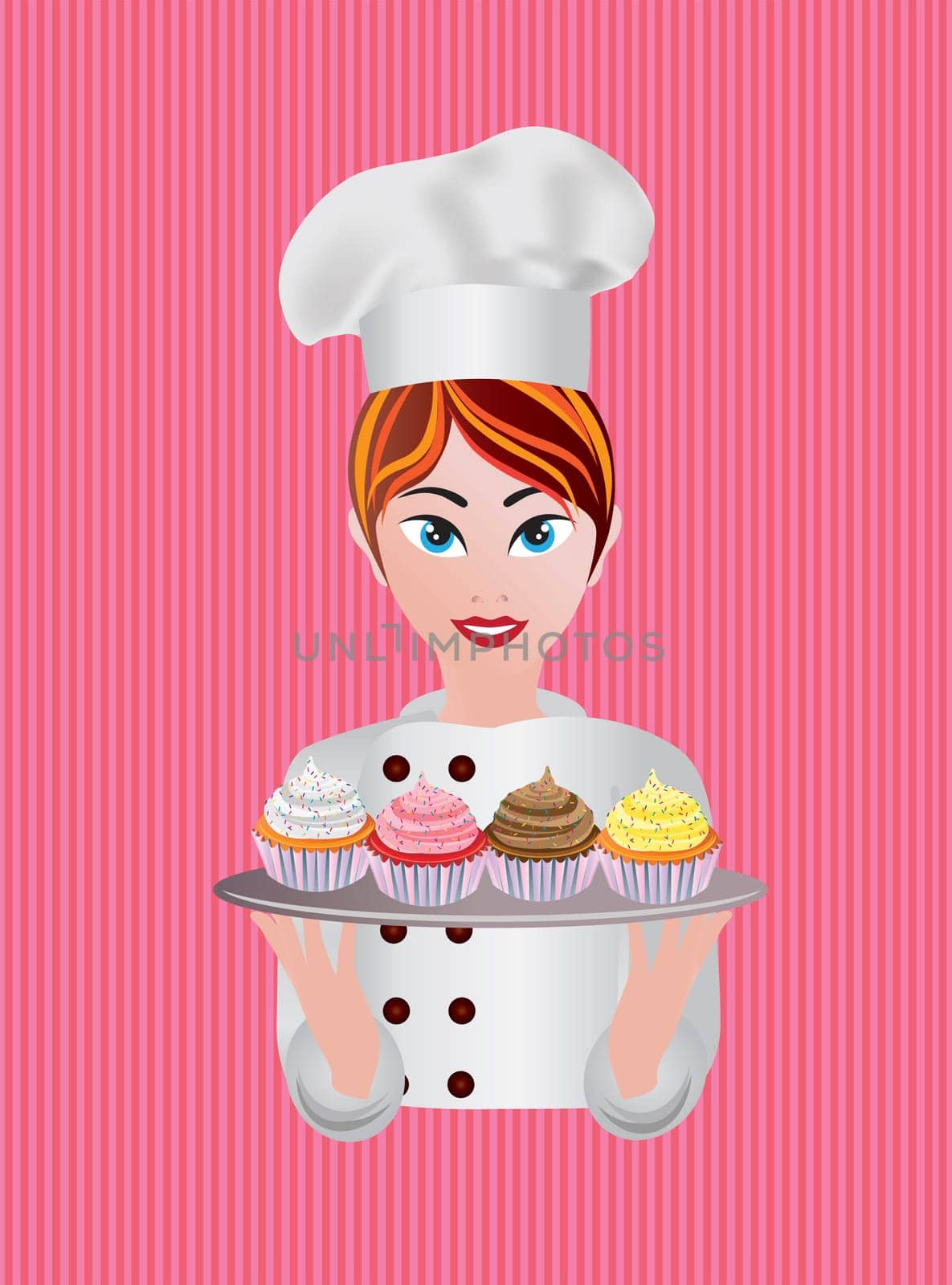 Woman Pastry Chef with Cupcakes Illustration