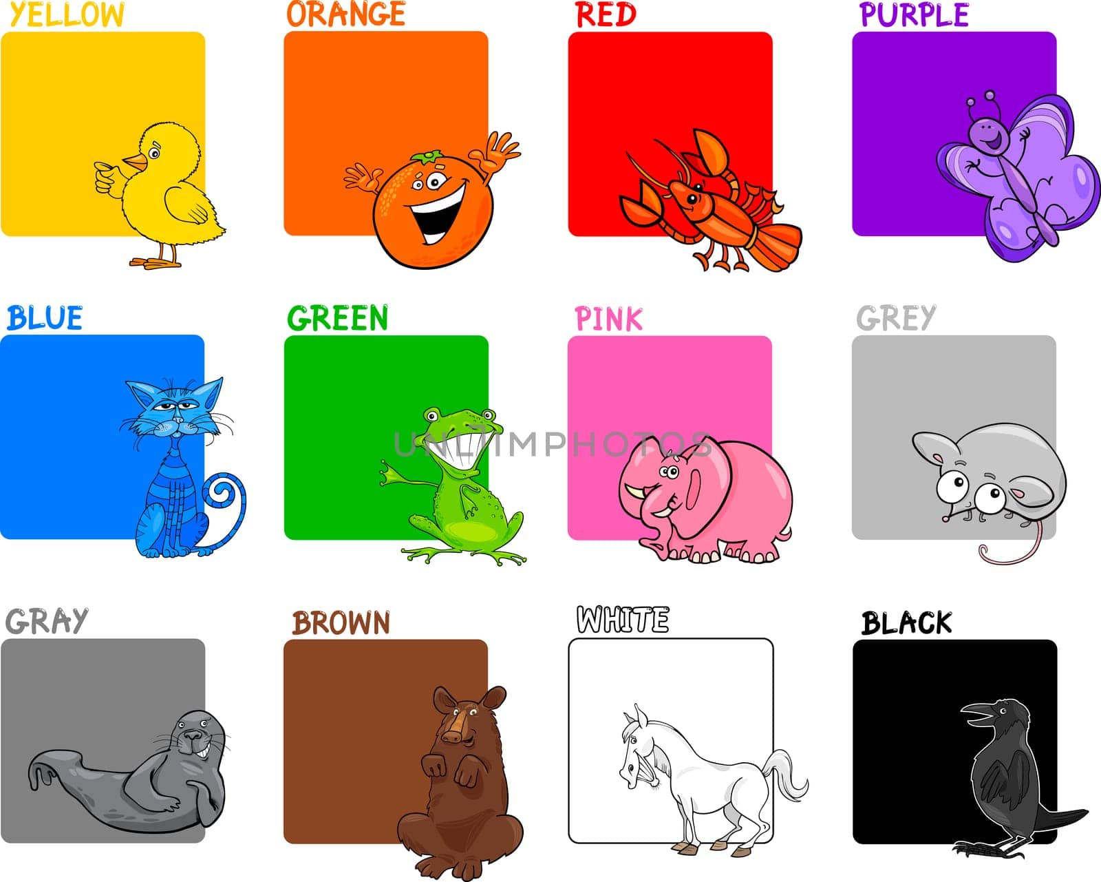 Cartoon Illustration of Primary Colors with Animals or Objects Education Set