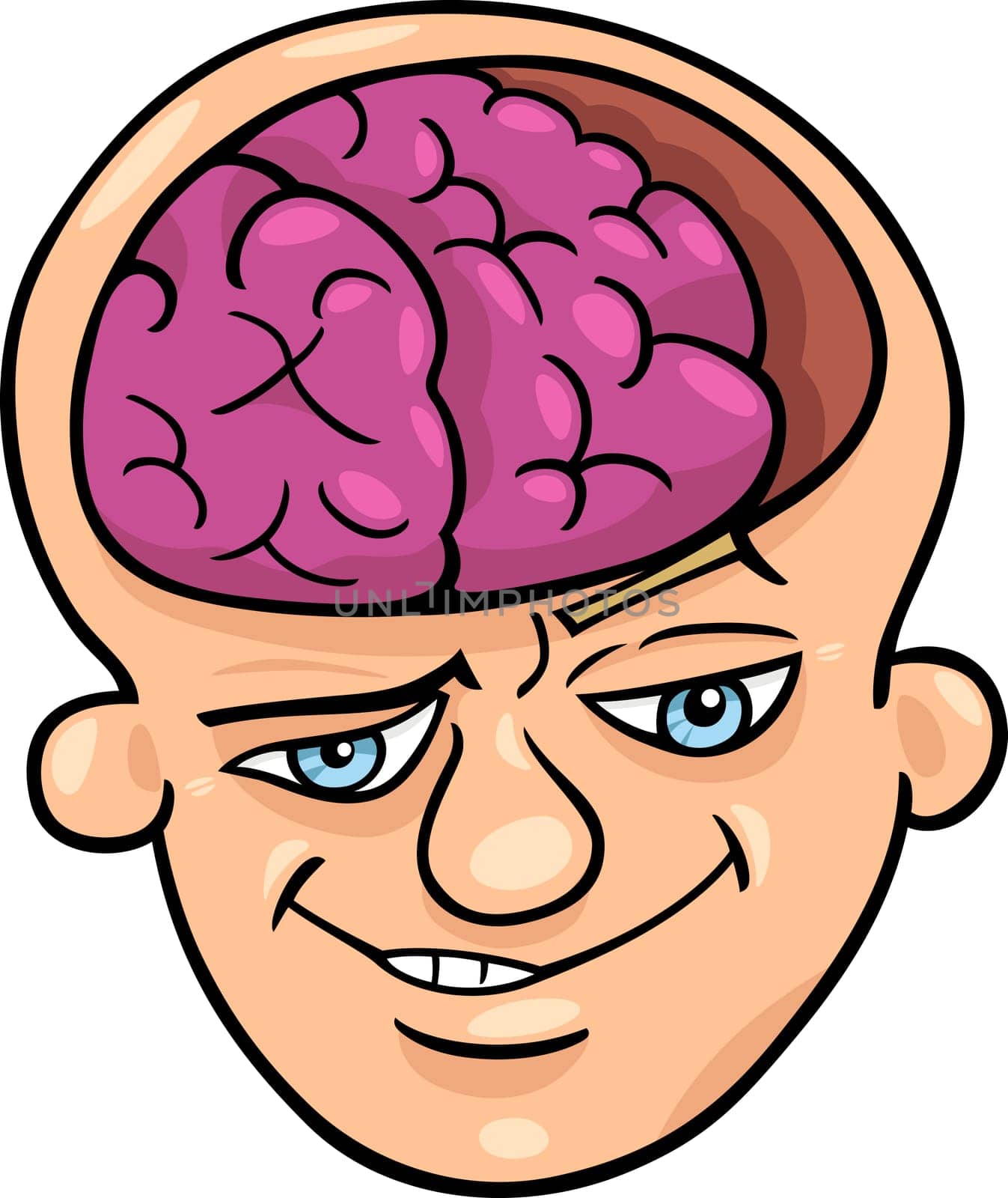 Humorous Cartoon Illustration of Brainy Man or Smart Guy