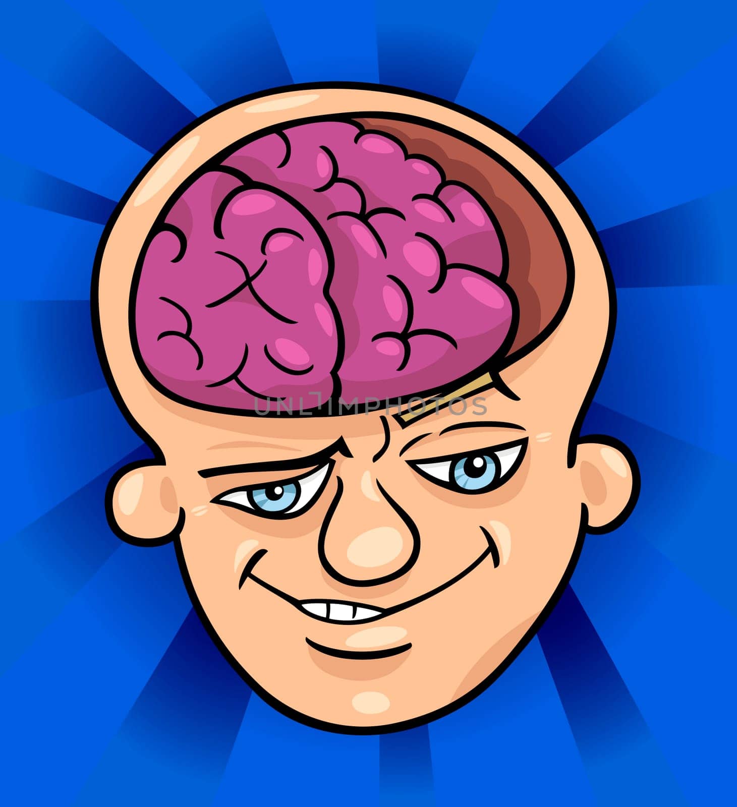 Humorous Cartoon Illustration of Brainy Man or Smart Guy