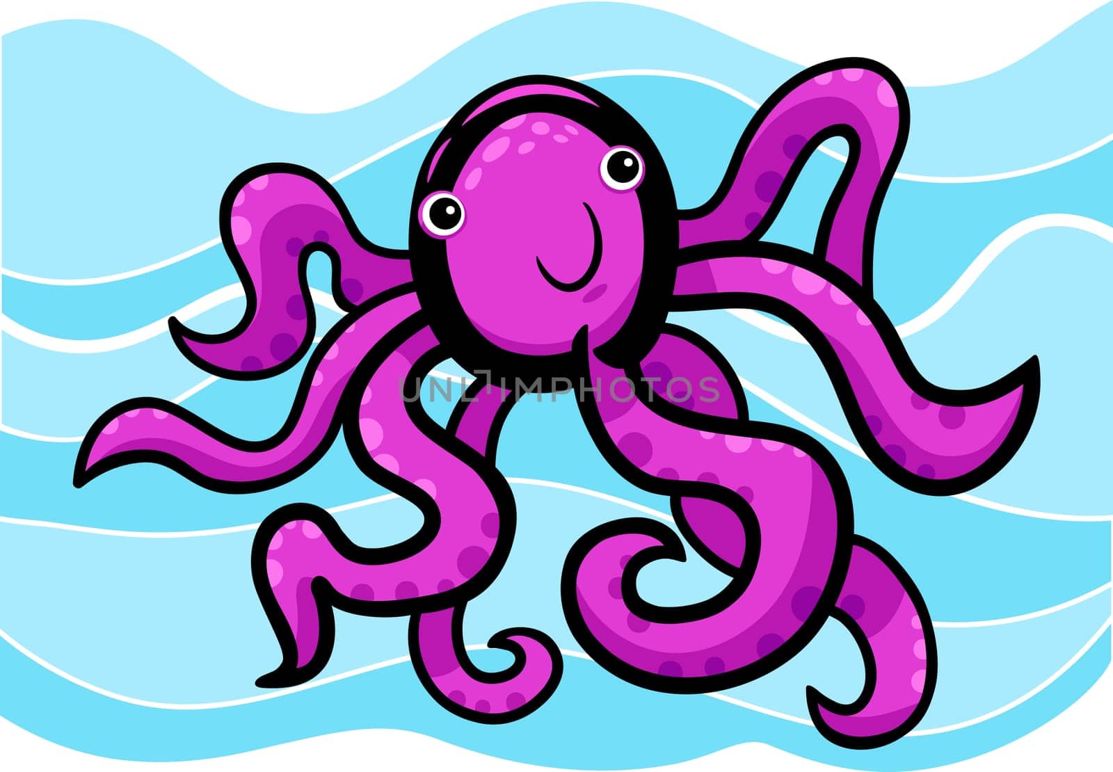 cartoon doodle illustration of cute octopus in blue water