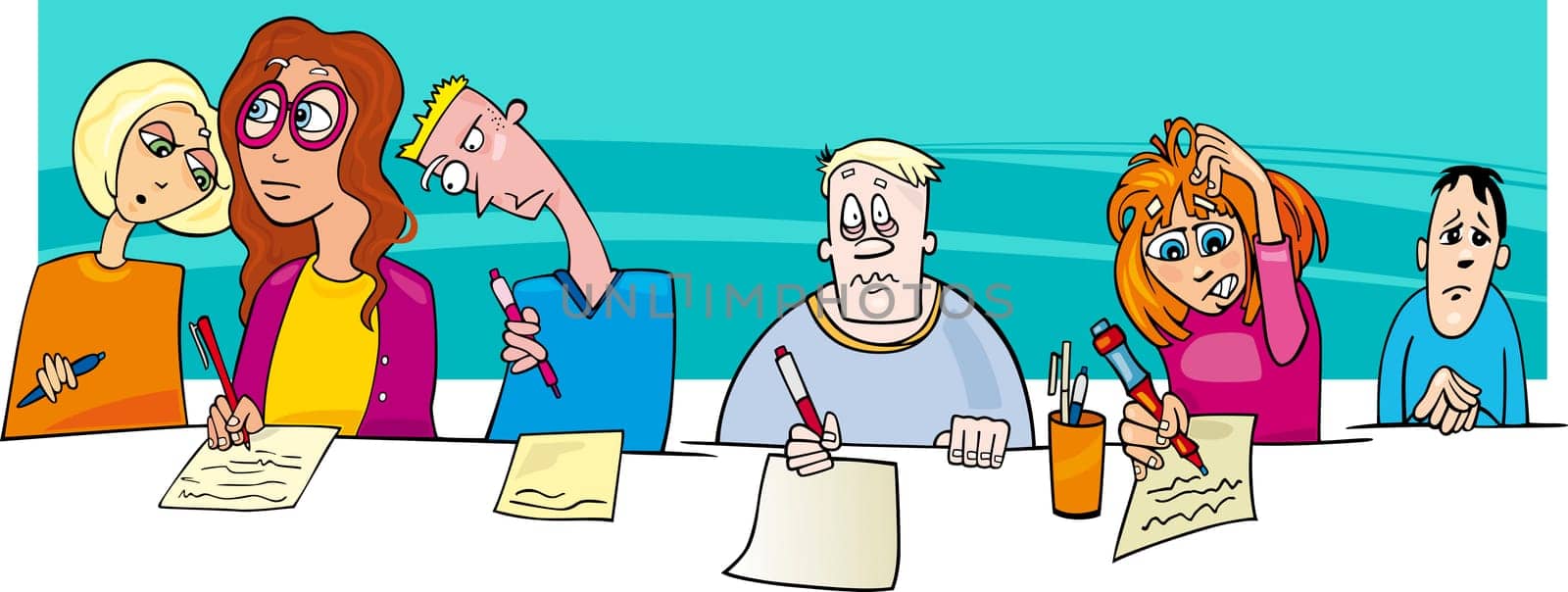 Cartoon Illustration of Pupils writing Difficult Test or Exam