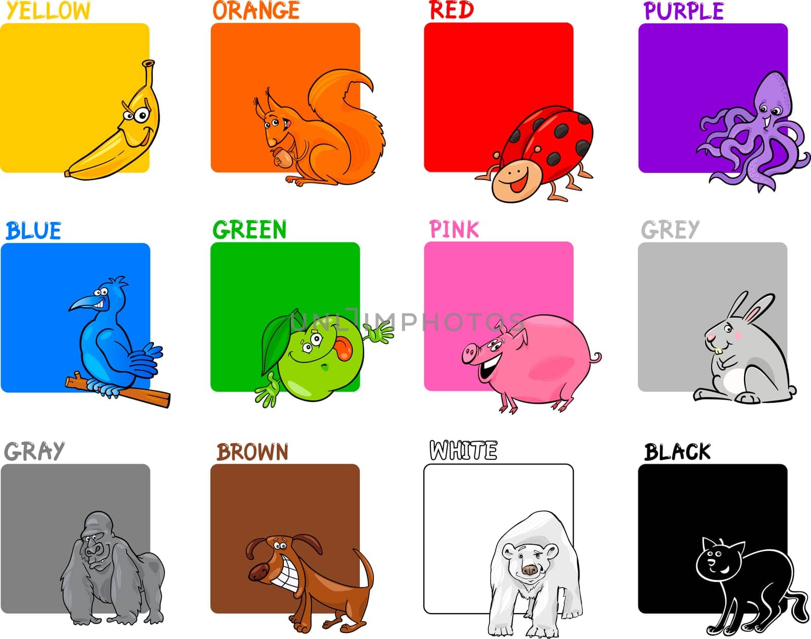 Cartoon Illustration of Primary Colors with Animals or Objects Education Set