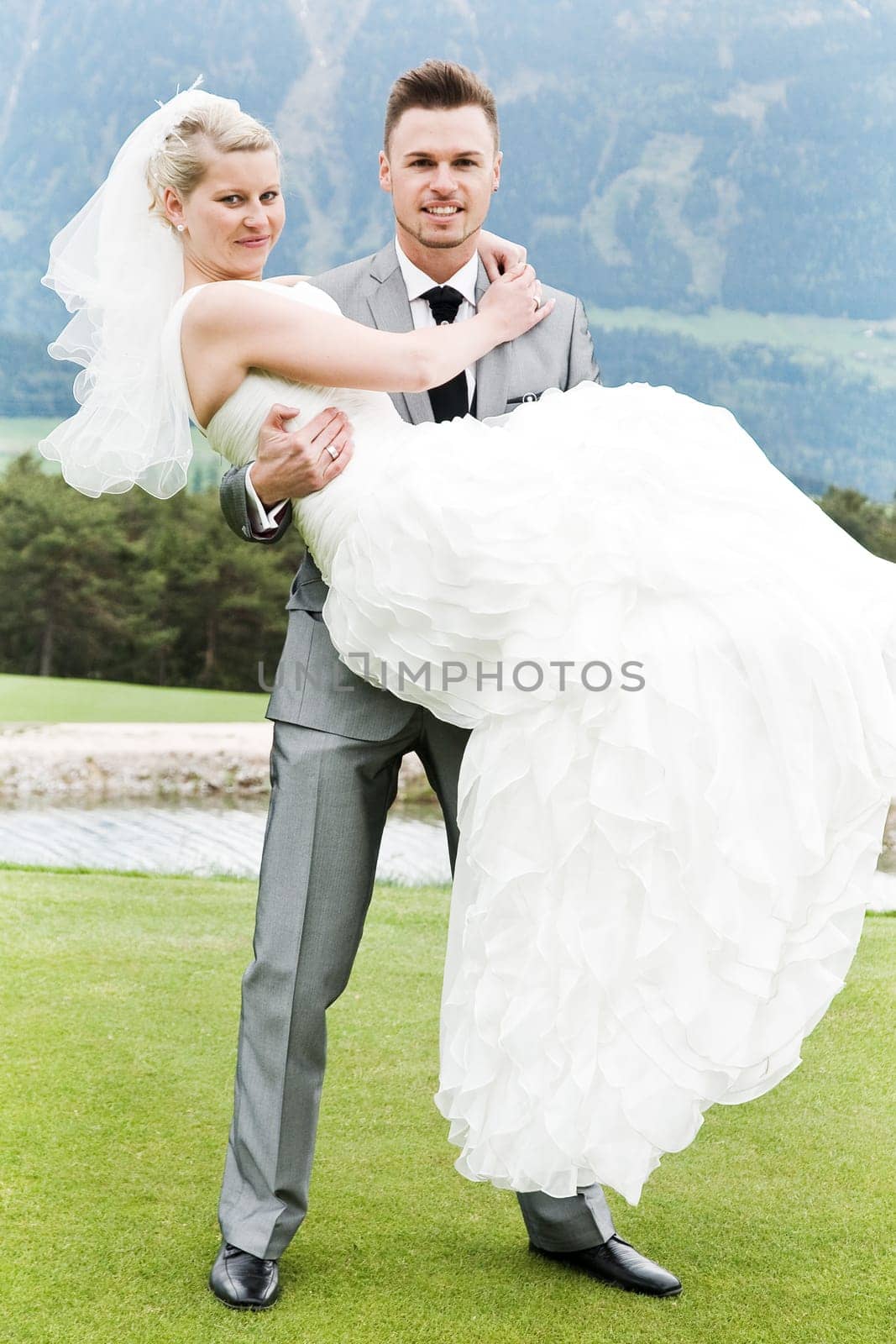 Pretty bride and groom celebrate their wedding