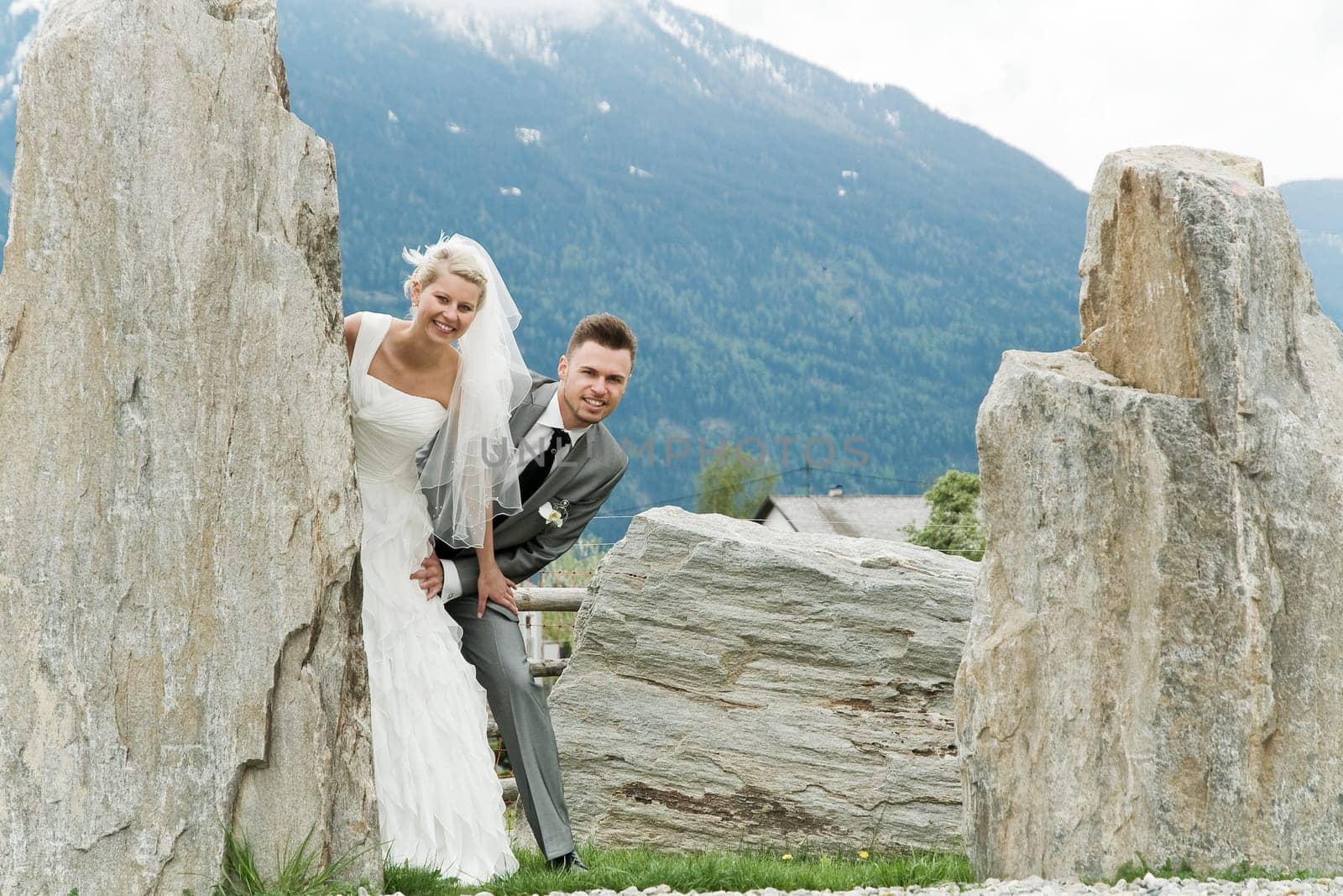 Pretty bride and groom celebrate their wedding