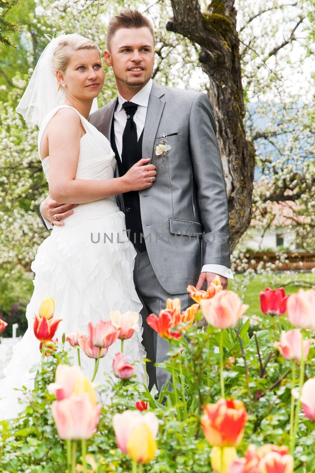 Pretty bride and groom celebrate their wedding