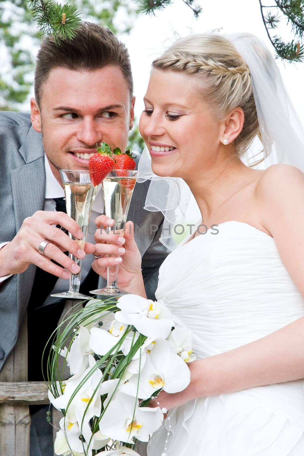 Pretty bride and groom celebrate their wedding