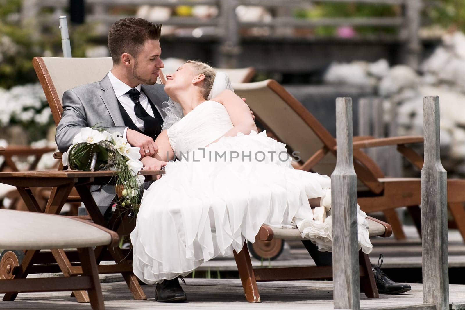 Pretty bride and groom celebrate their wedding