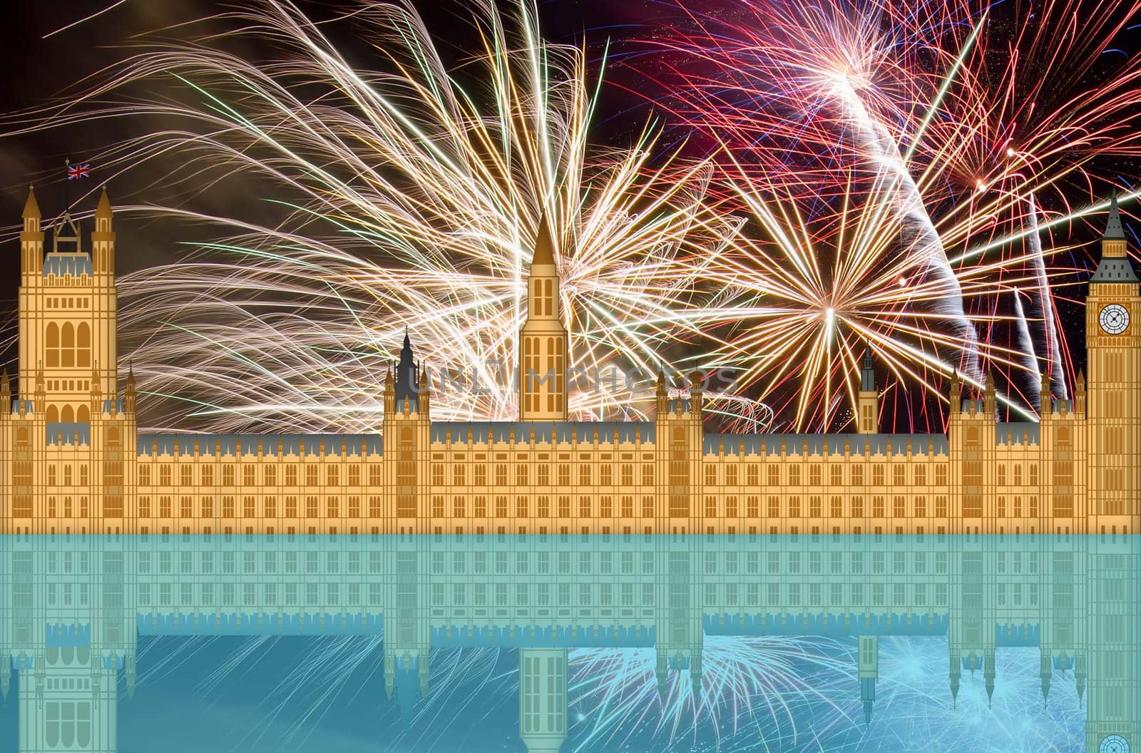 UK London England Westminster Palace Skyline with Fireworks Background