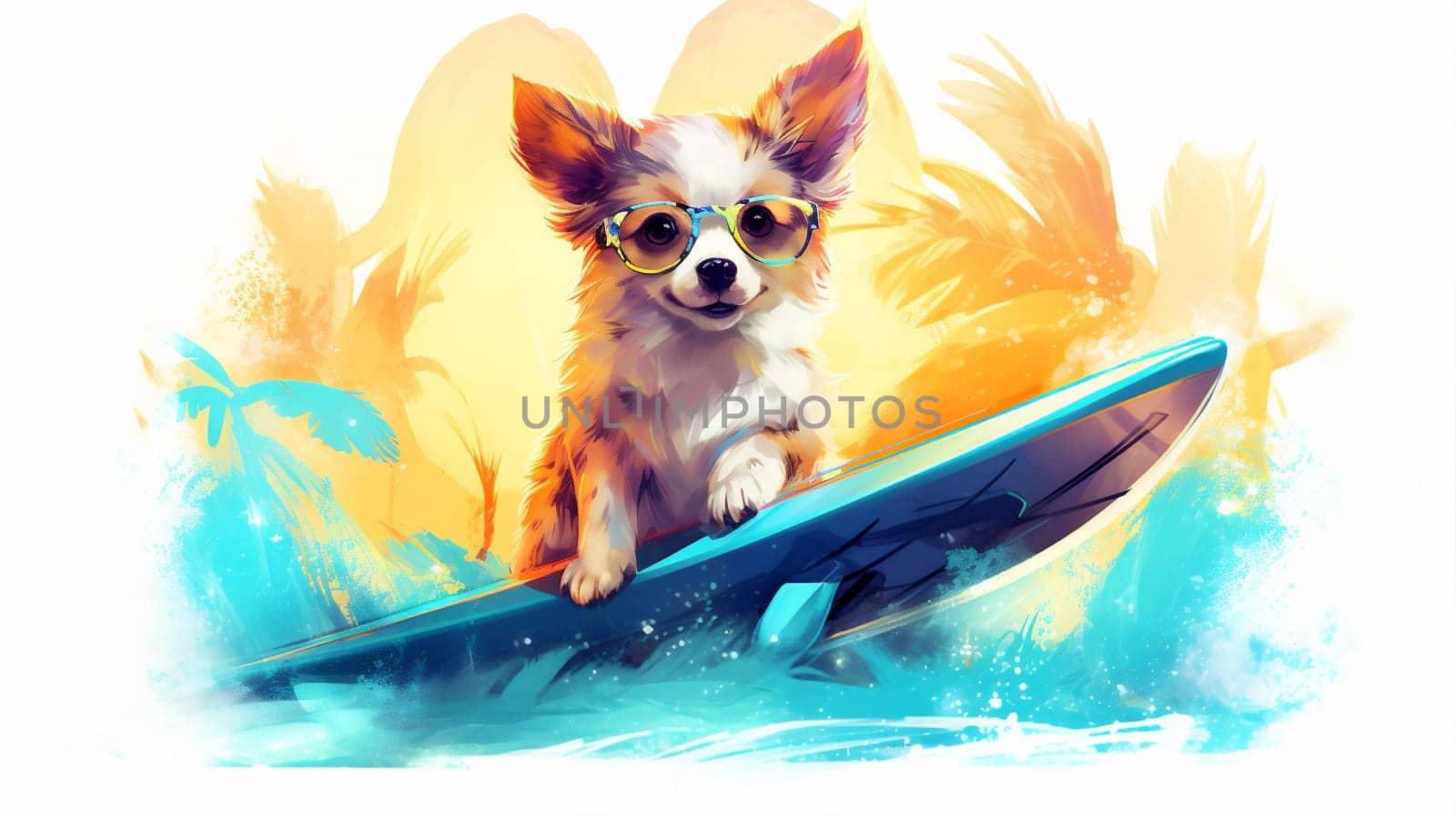 dog ocean funny surfboard ai joke cute beach illustration sun surfer tropical summer pet retro trendy animal wave vacation puppy. Generative AI.