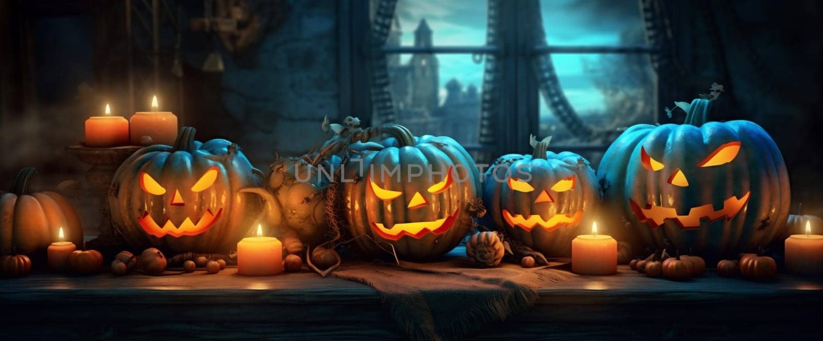 cemetery blue table fear background night pumpkin halloween mystery horror evil. Generative AI. by Vichizh