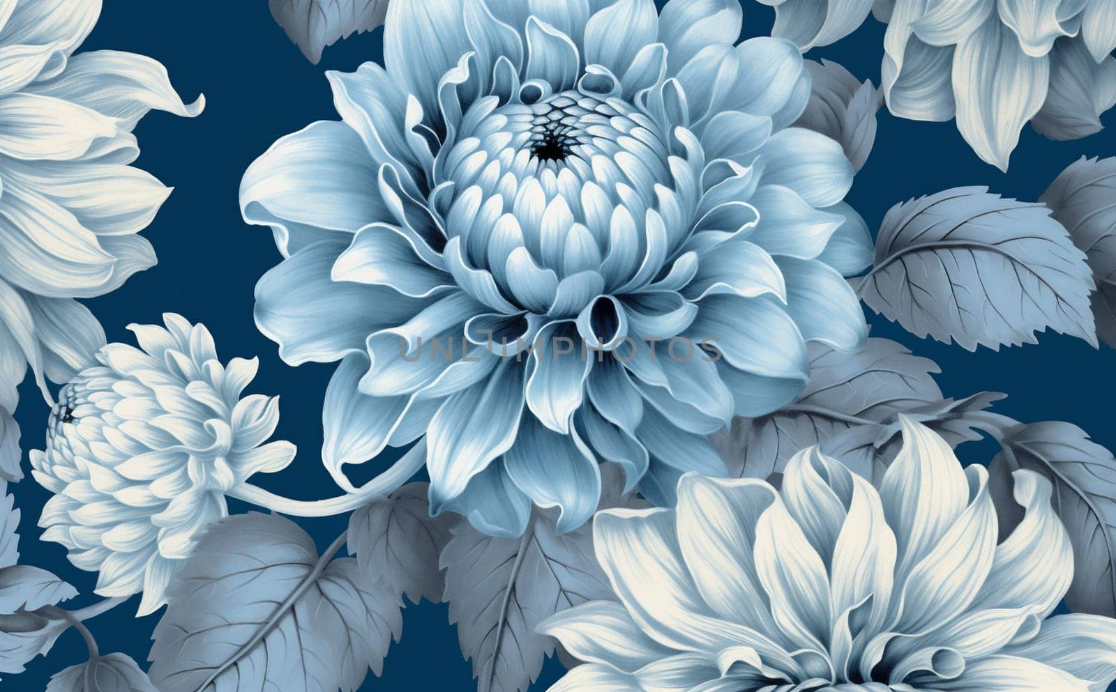 graphic texture beautiful blue nature classic leaf outline design illustration drawing flower background floral vintage decoration decorative seamless elegant pattern textile. Generative AI.