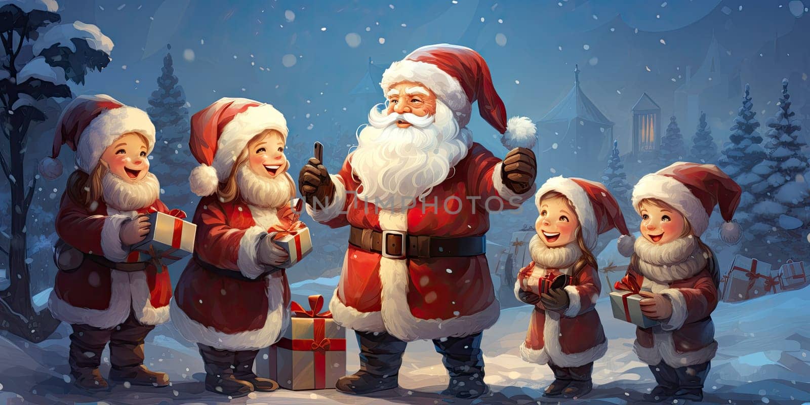 Santa Claus party with children and a snowman on Christmas day outside filled with snow and gift boxes by Generative AI by wichayada