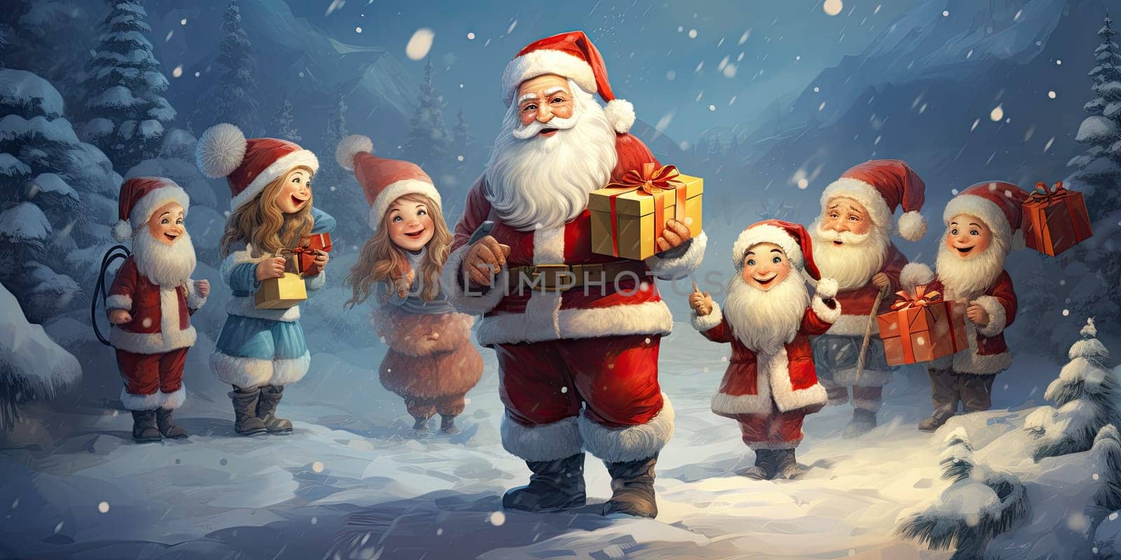 Santa Claus party with children and a snowman on Christmas day outside filled with snow and gift boxes by Generative AI by wichayada