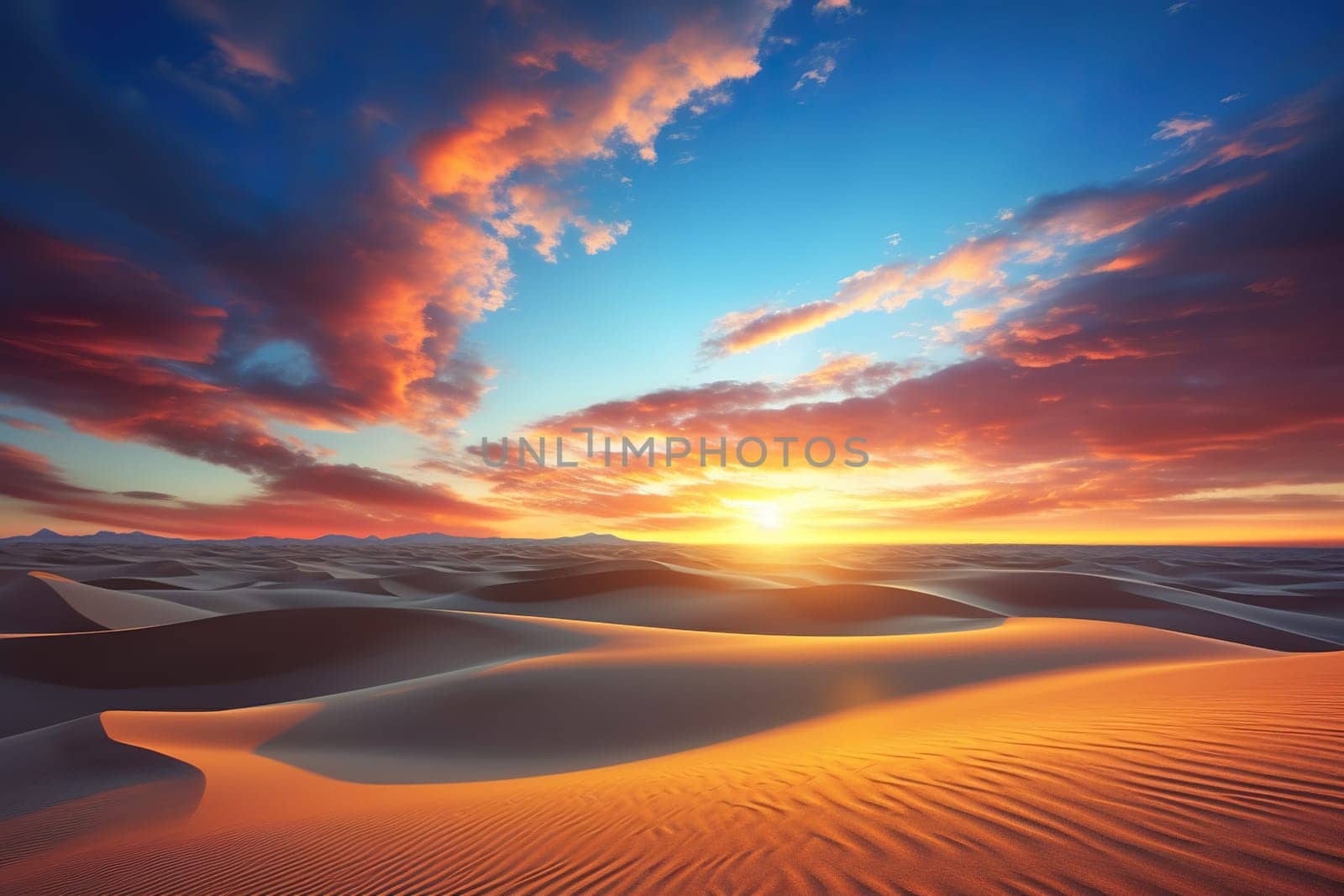 Sunset, dawn over sand dunes in the desert. Beautiful view of the desert.