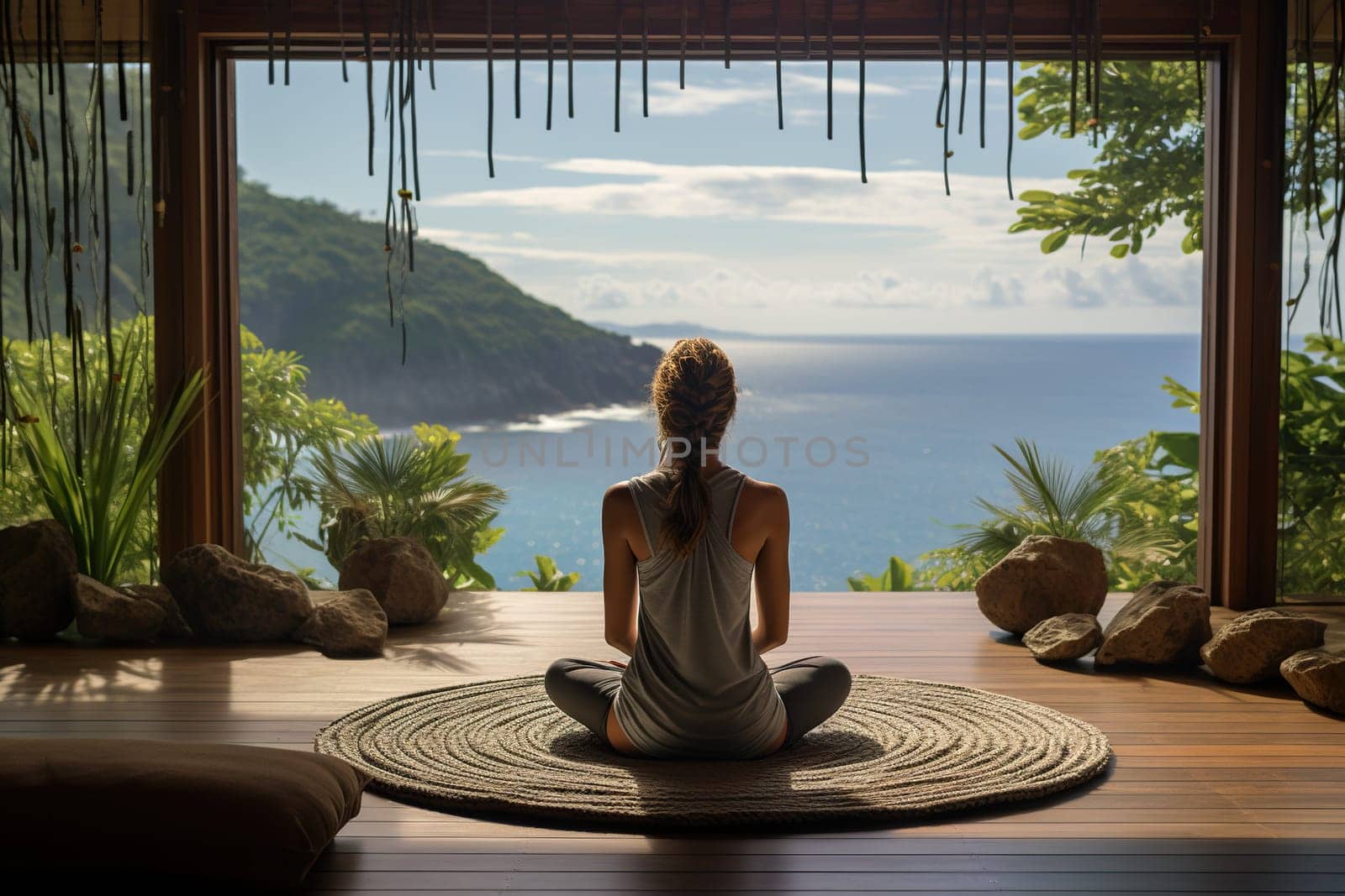 A place for yoga and meditation overlooking the ocean and mountains. The girl is meditating. Mental health concept. Generated by artificial intelligence by Vovmar