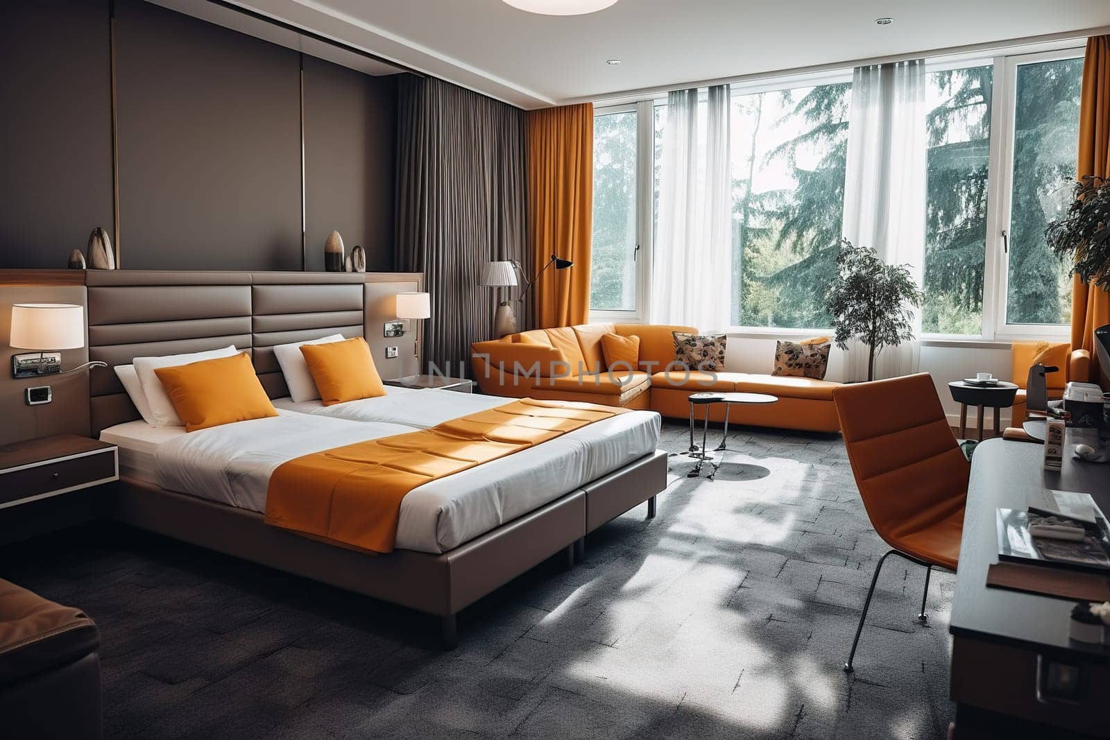 Luxurious, bright bedroom with a comfortable double bed, modern furniture and a beautiful view from the window. Concept of interior, architecture, travel. Generated by artificial intelligence