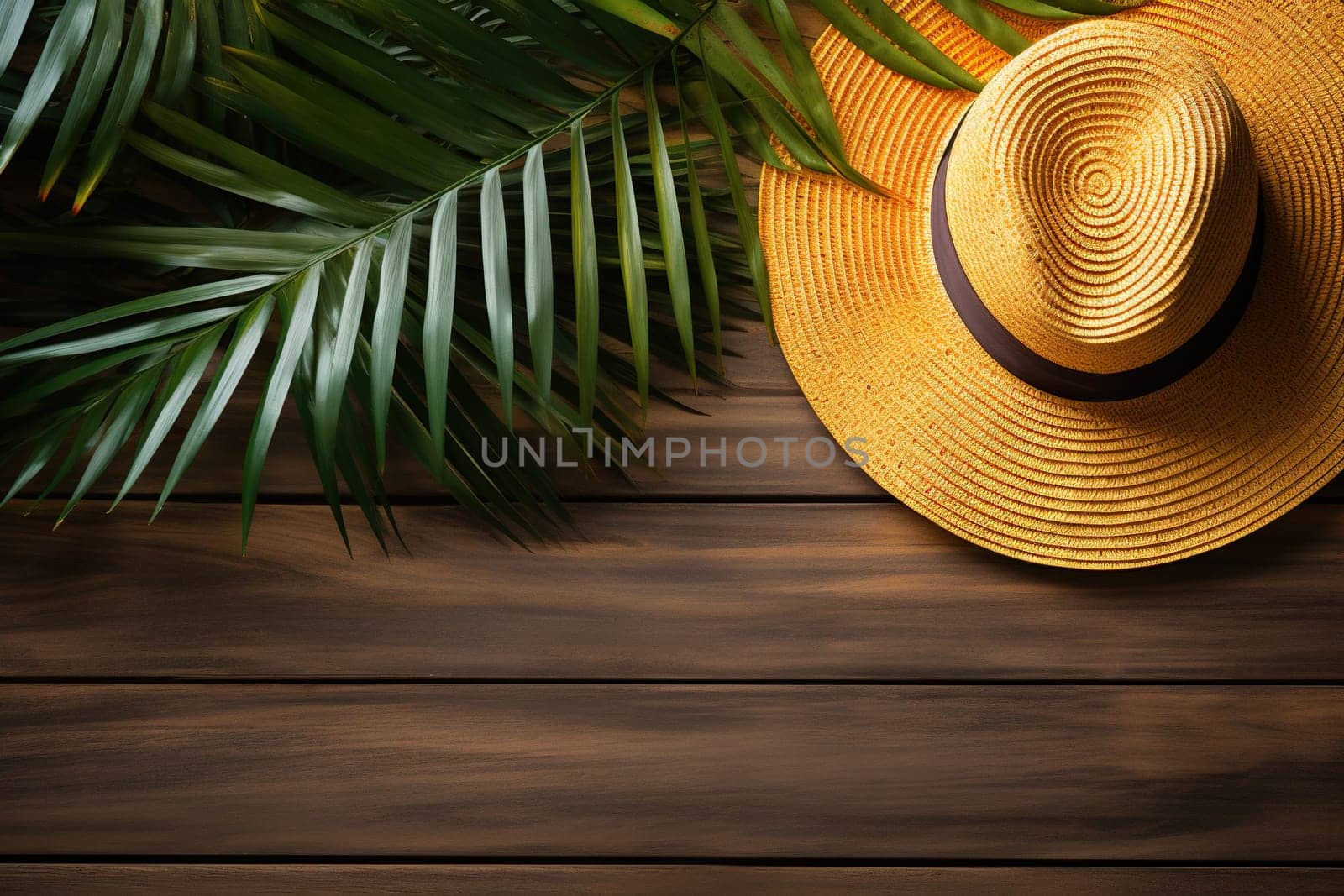 Large hat on a wooden tabletop with tropical leaves. The concept of holidays, vacation, seaside holiday. Generated by artificial intelligence by Vovmar