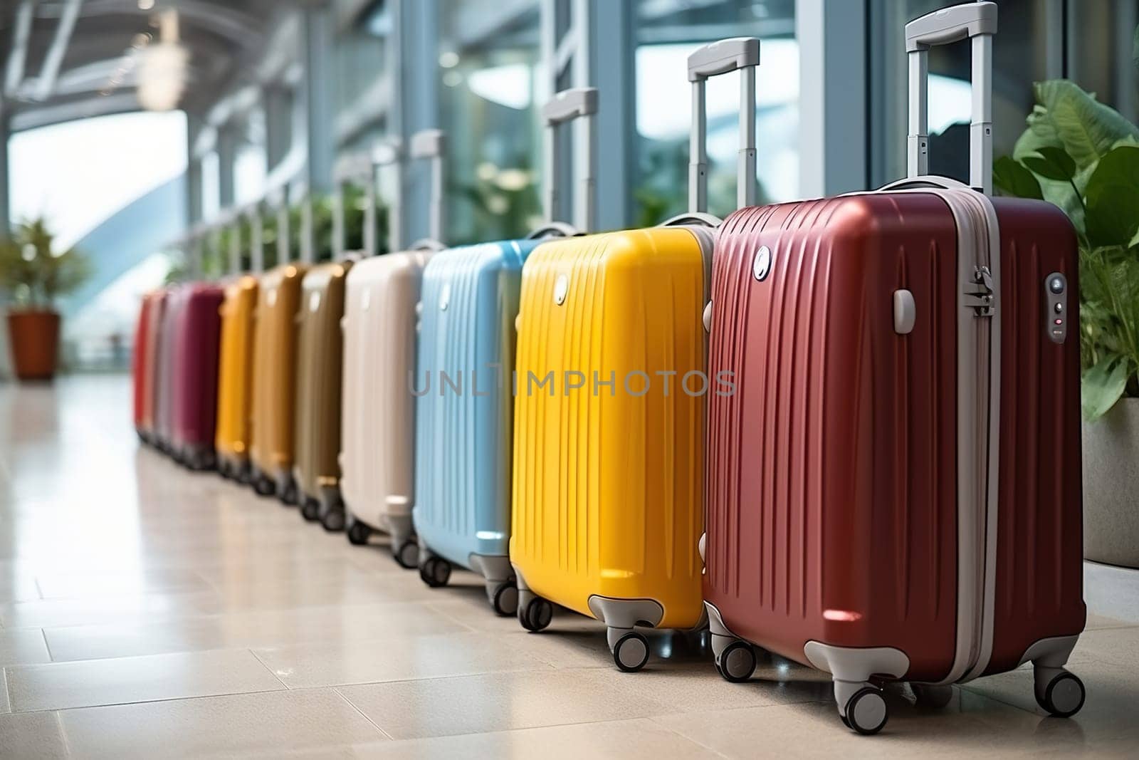 Stylish multi-colored suitcases stand in an empty airport corridor. Airplane travel concept. Waiting for departure.