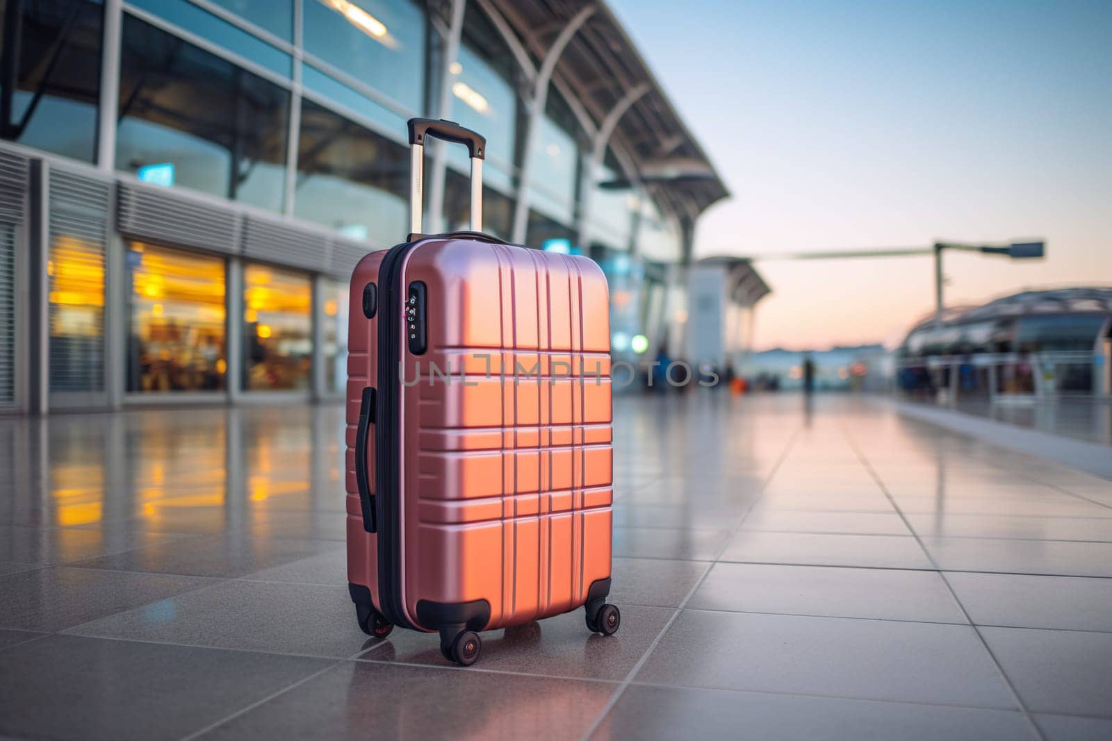 One stylish suitcase on wheels stands near the airport. Concept of vacation, traveling by plane.